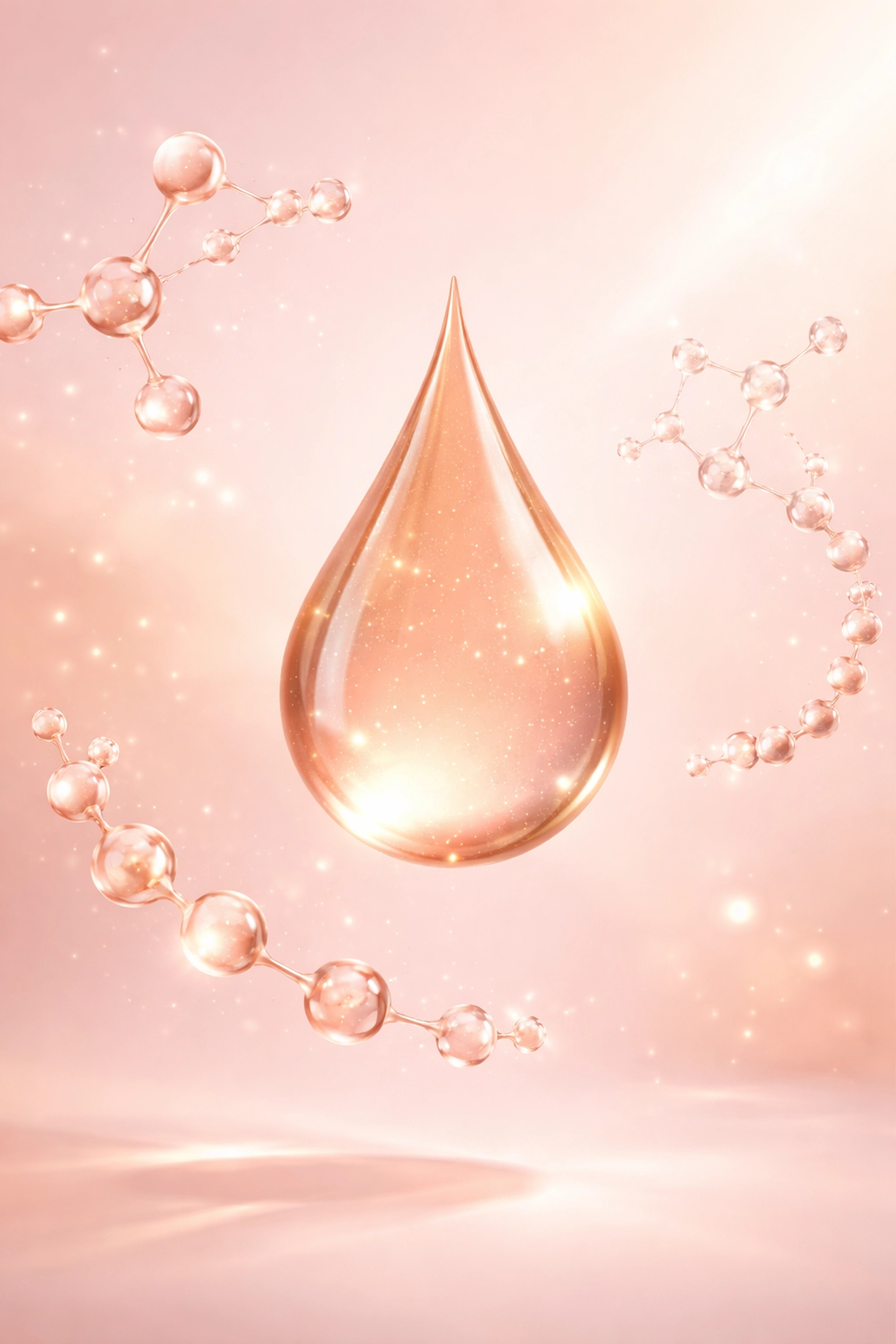 Illustration of copper peptide firming serum drop with molecular structures highlighting skin science benefits.