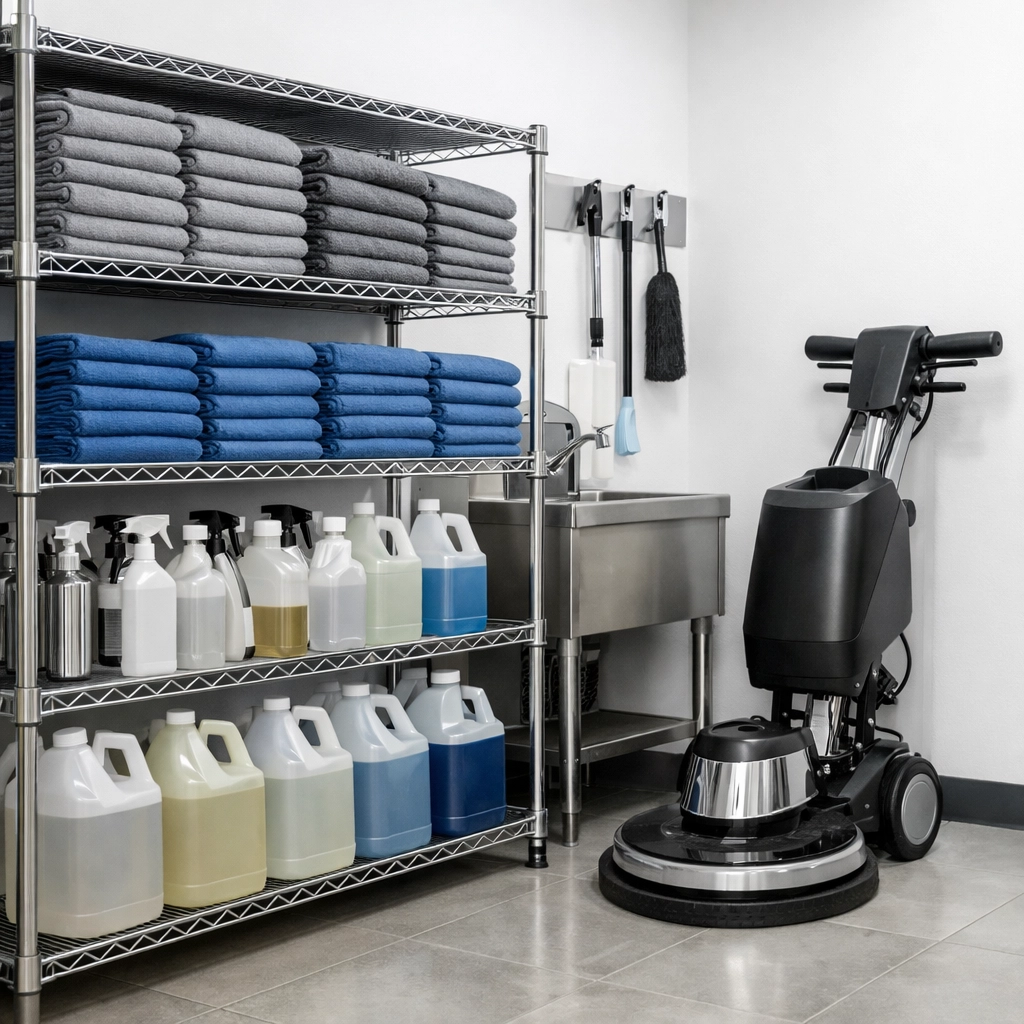 Professional janitorial equipment and supplies stored in an organized Midwest corporate utility room.