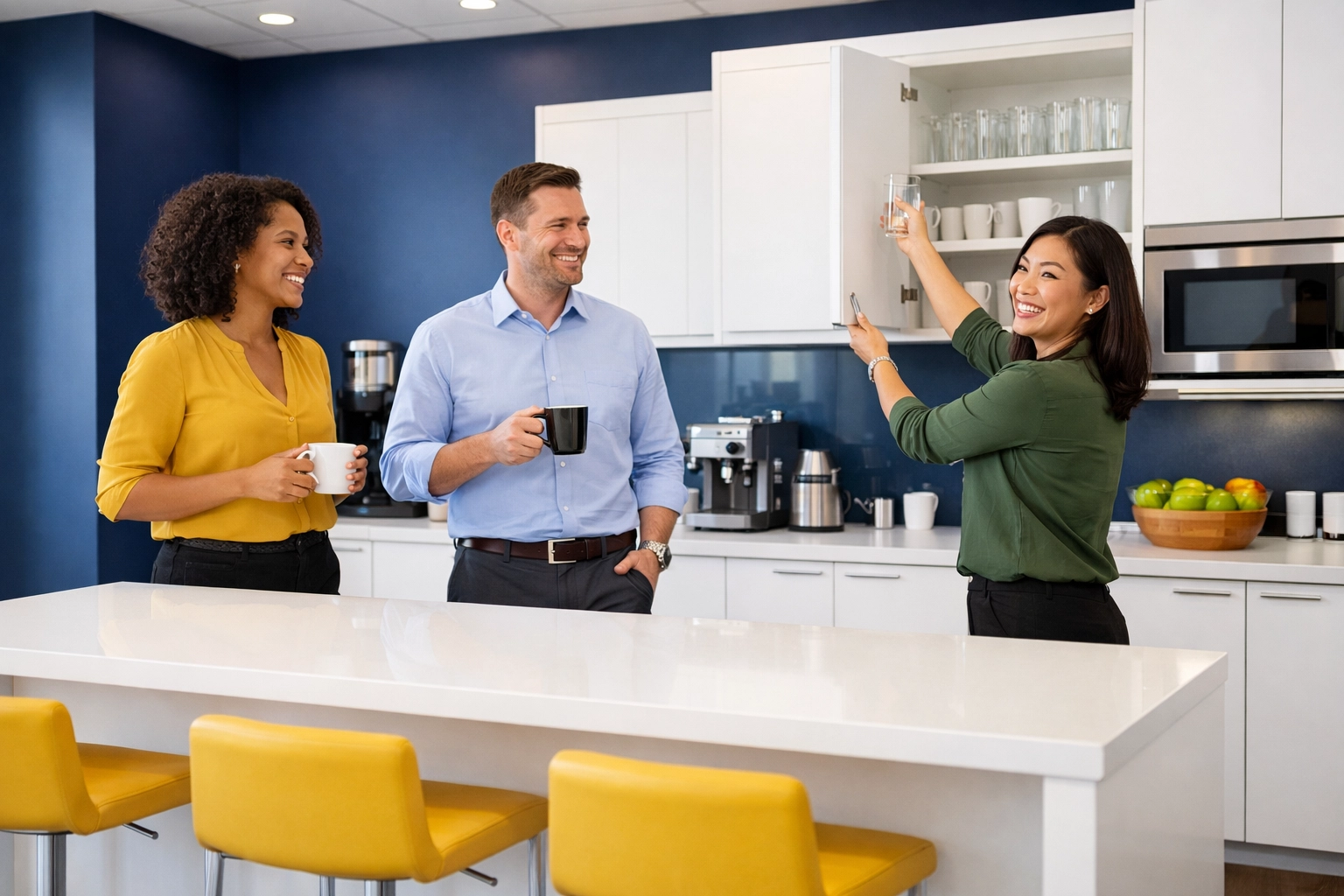 Happy employees in a spotless North Andover breakroom using professional cleaning tips for North Andover offices.