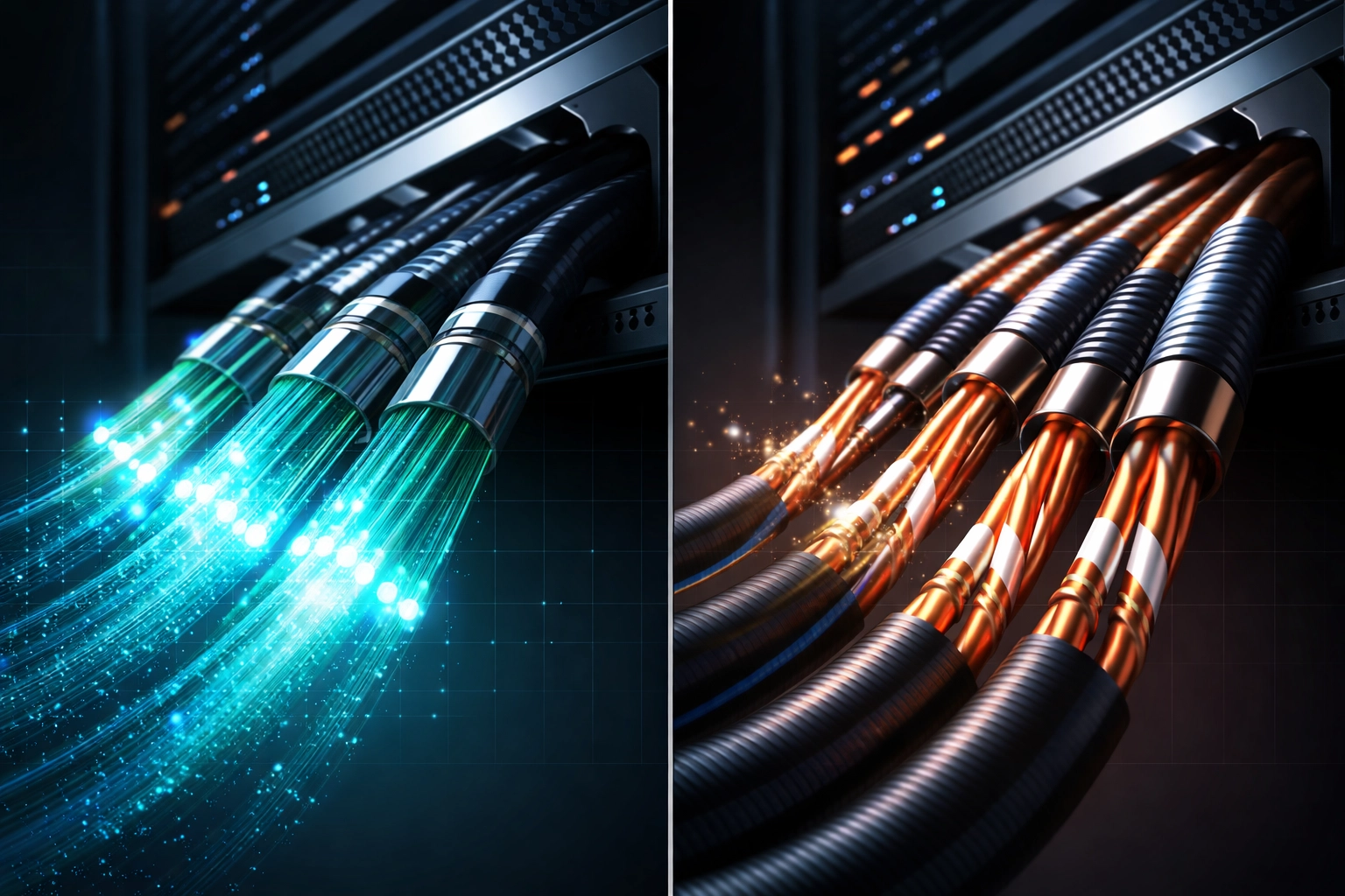 Comparison of fiber optic and Cat6 network cables showing modern data cabling solutions for business infrastructure