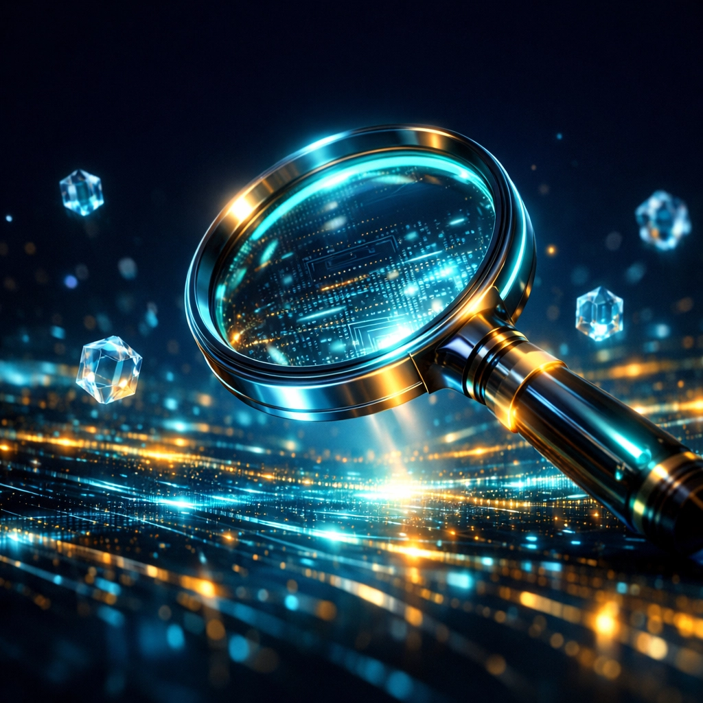 A magnifying glass hovering over digital data streams representing advanced keyword research for video SEO.