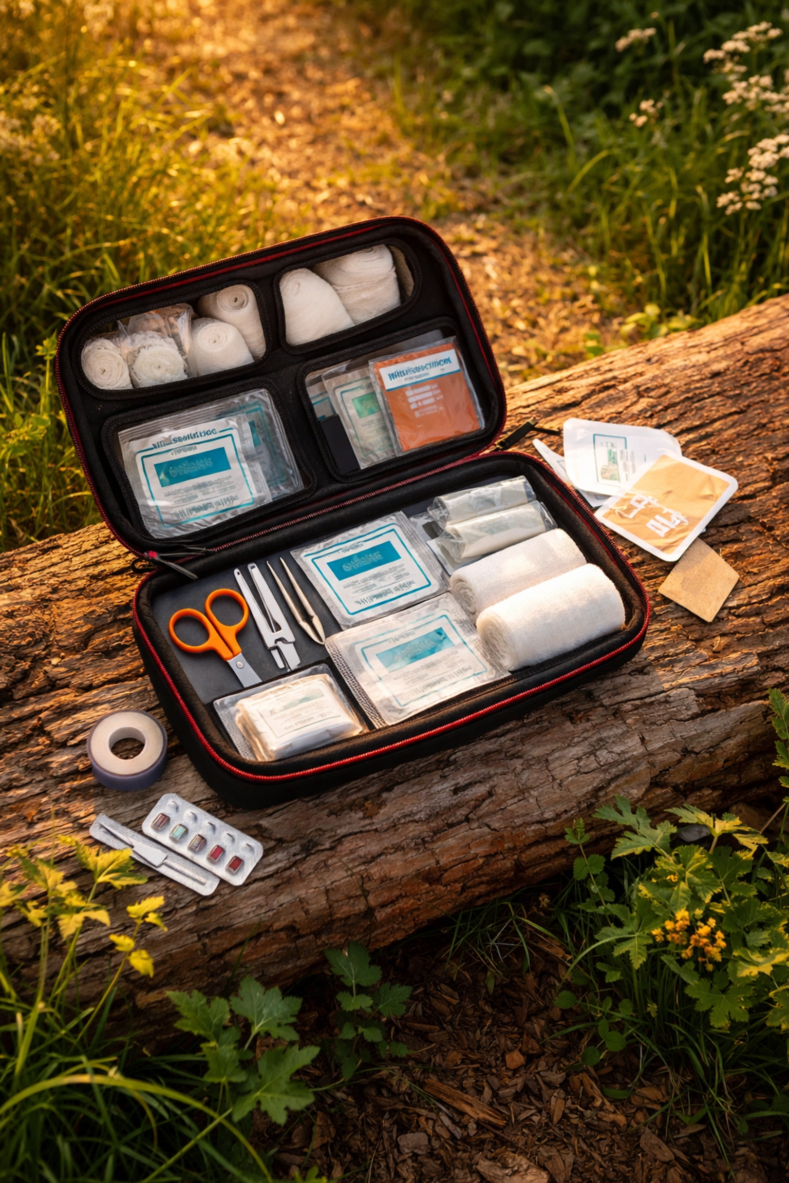 Open first aid kit on a log in a sunlit forest clearing for outdoor survival and wild camping safety