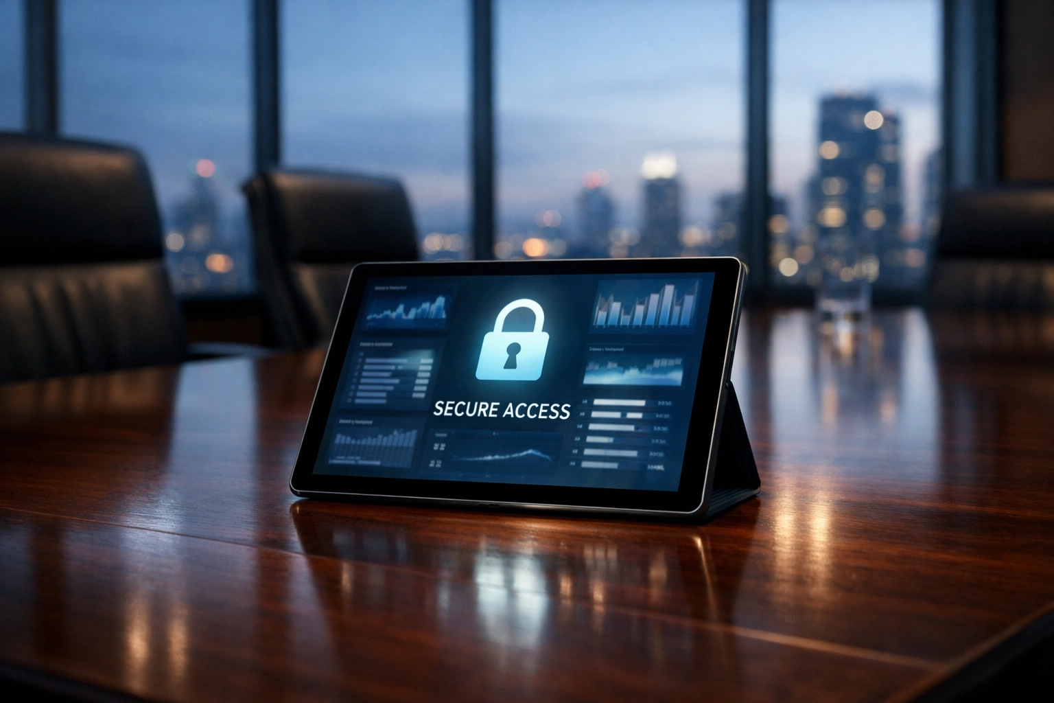 Professional boardroom setting highlighting secure data review and buyer vetting for a business sale.