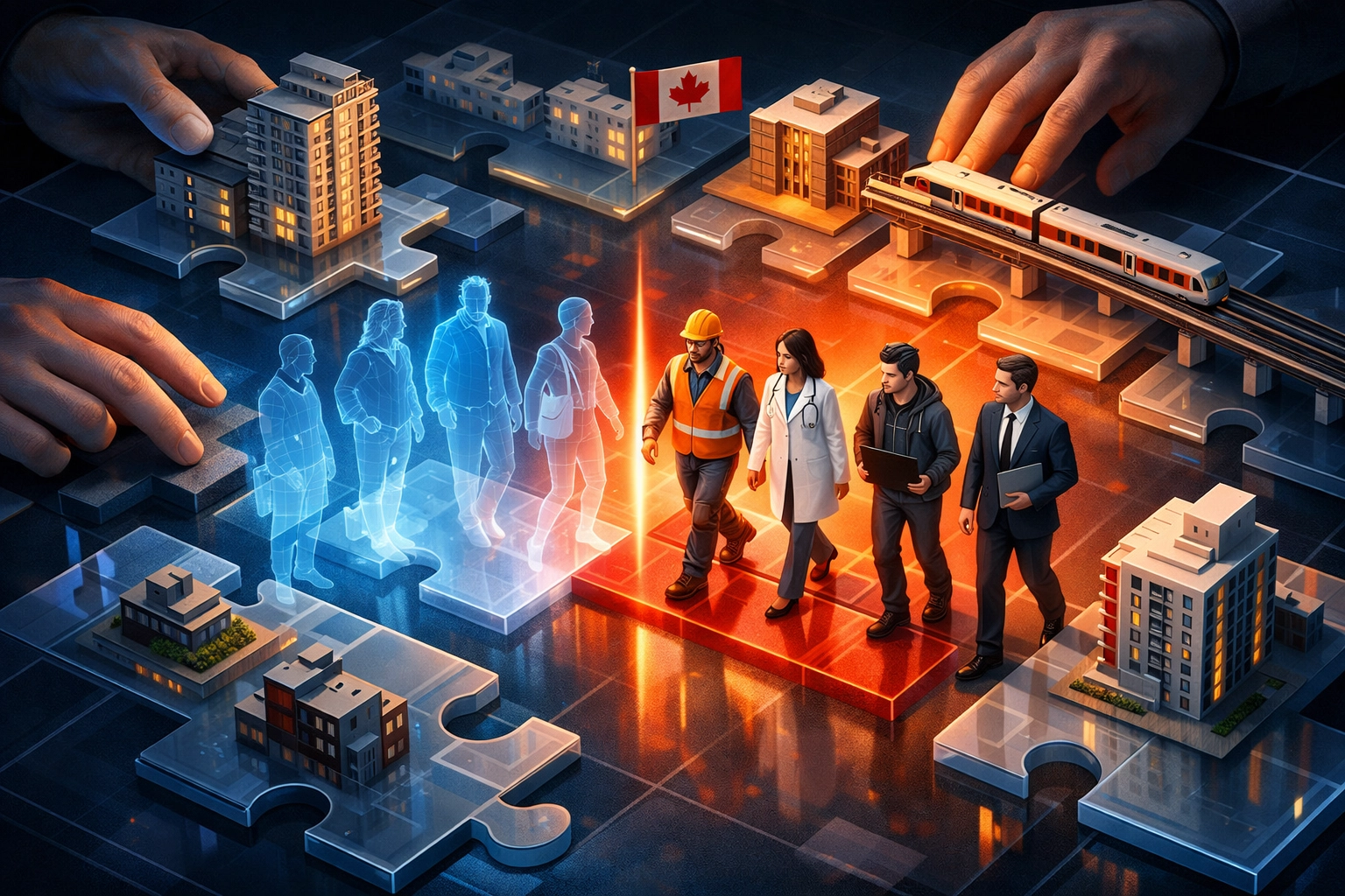 Diverse professionals transitioning to permanent residency in a modern Canadian city infrastructure model.