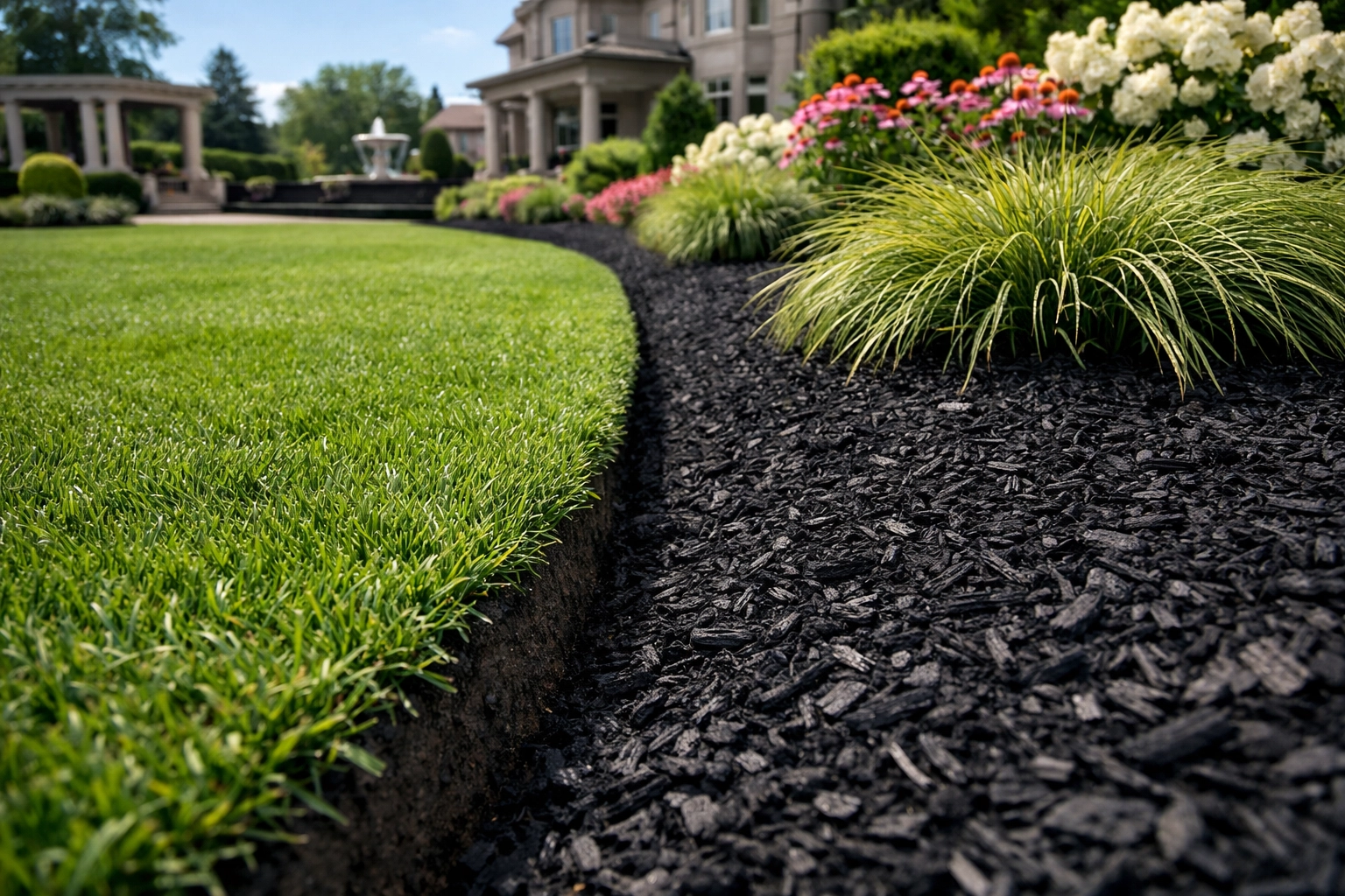 Manicured lawn and black mulch garden bed showcasing professional weed suppression and clean edges.