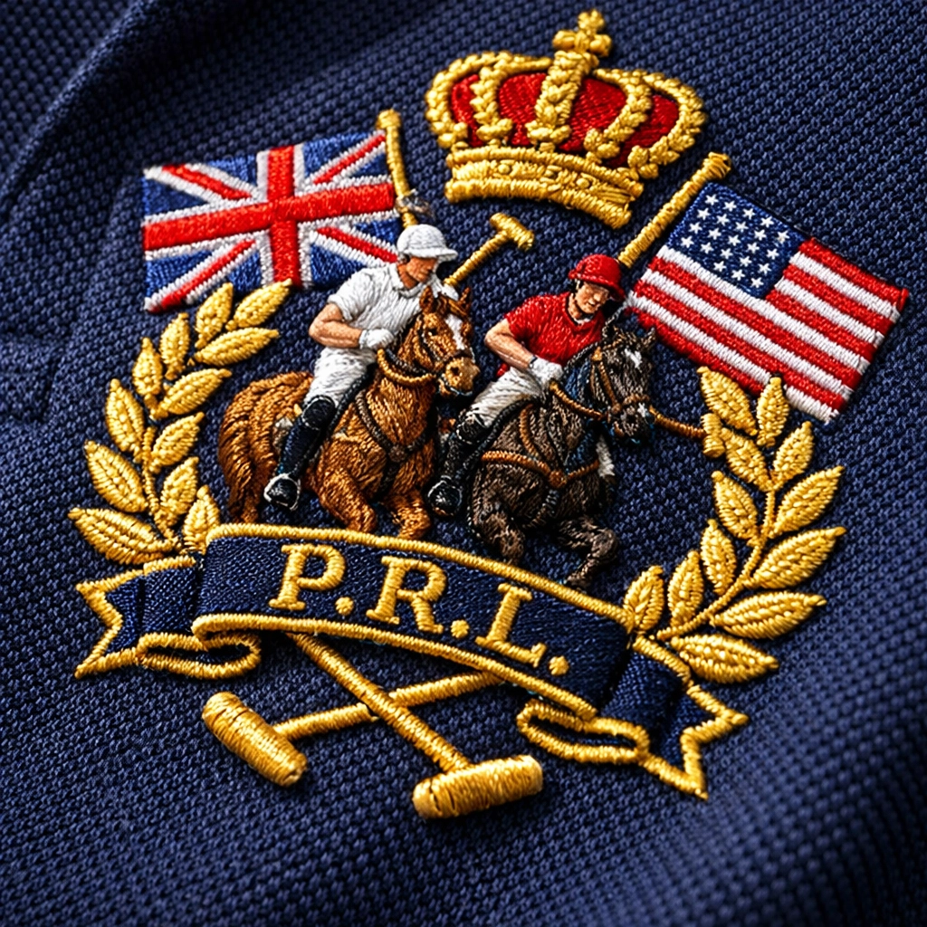 Detailed view of custom embroidery on a professional navy blue polo shirt for brand identity.