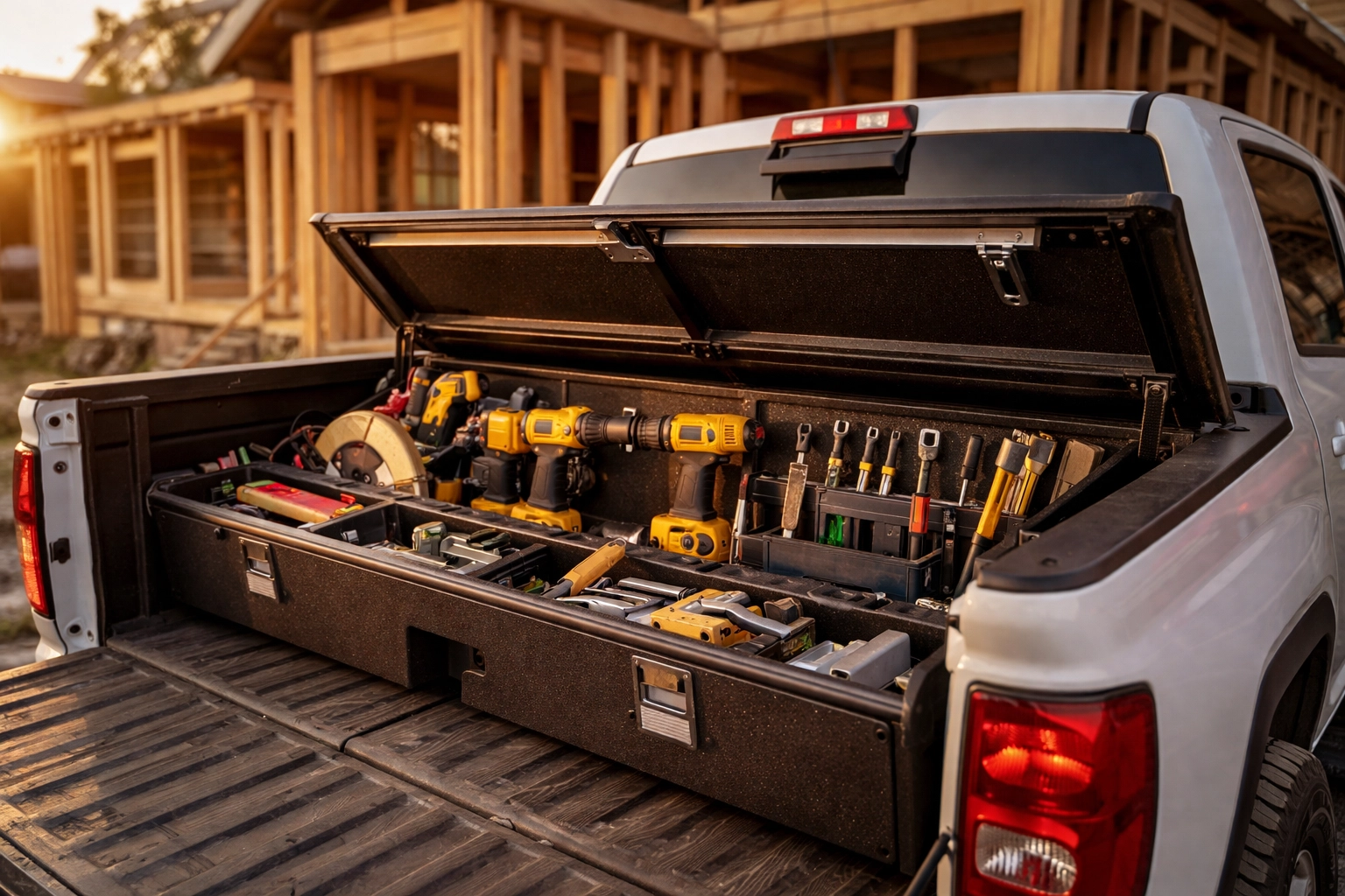 A contractor's work truck with toolbox and power tools at a residential job site, illustrating mobile contractor insurance.