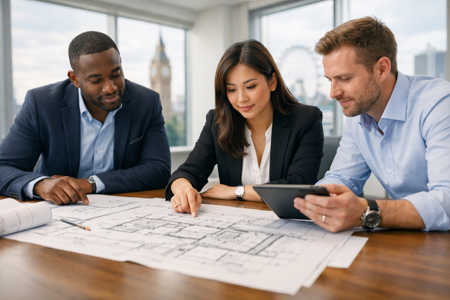Diverse team of London chartered surveyors reviewing architectural blueprints in a professional boardroom.
