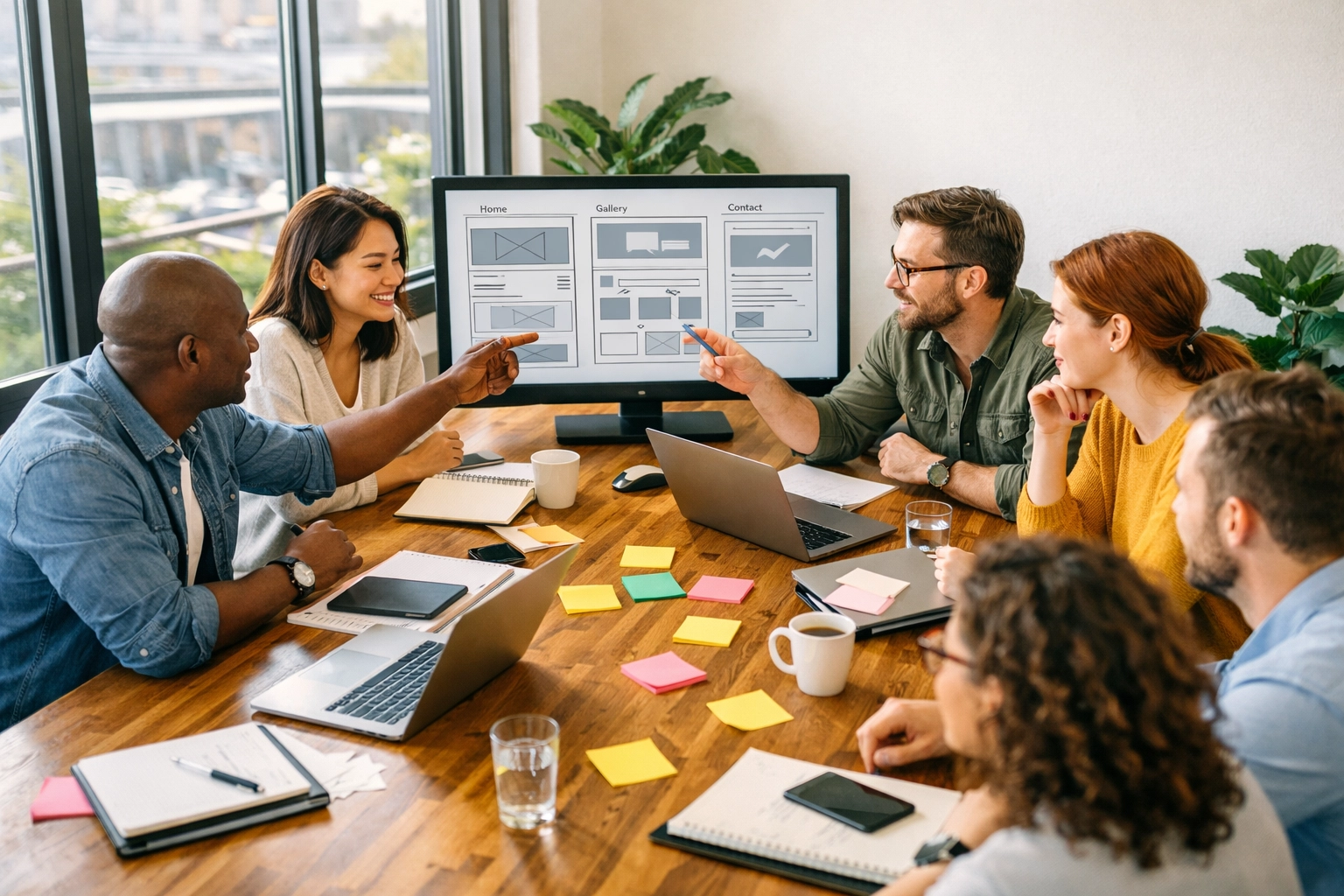 Web design agency team collaborating on website project in modern office