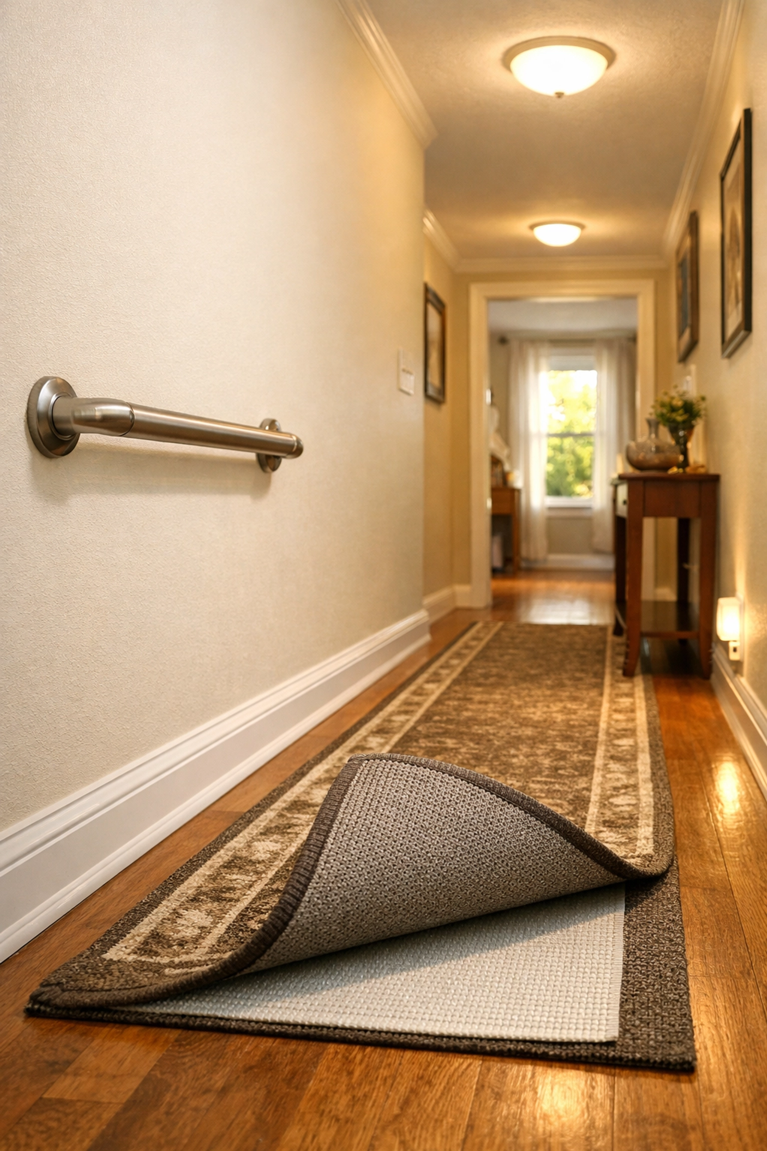 Well-lit hallway with grab bars and safety features for senior fall prevention at home