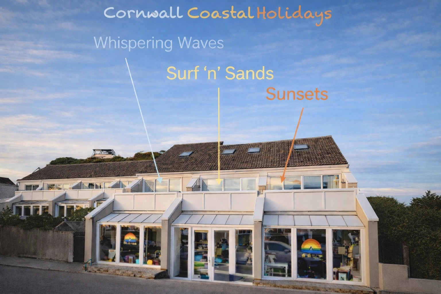 Three adjoining beachfront apartment balconies overlooking Porthtowan beach in Cornwall