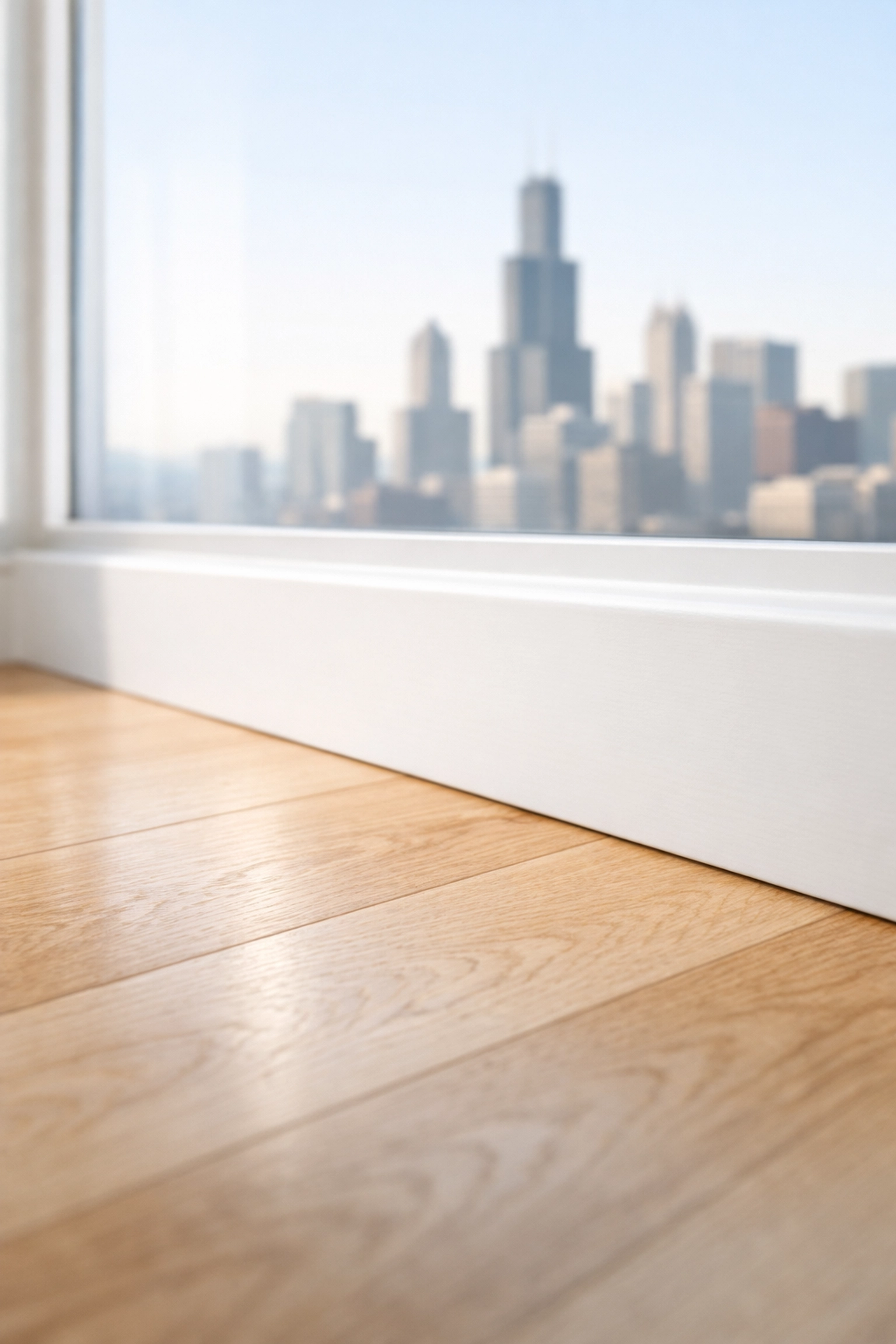 Clean light-oak hardwood floors and baseboards in a Chicago apartment prepared for a tenant reset.