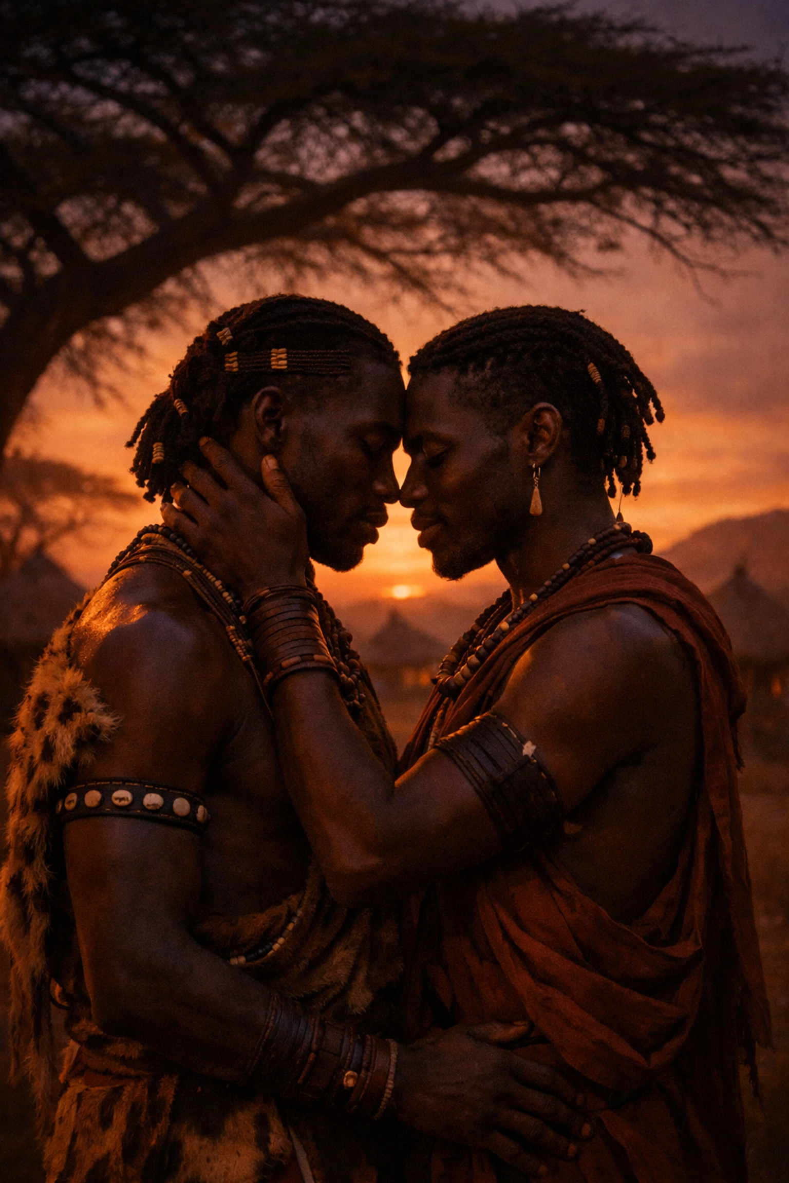 Two African men in historical attire sharing an intimate moment, symbolizing gay history and MM romance roots.