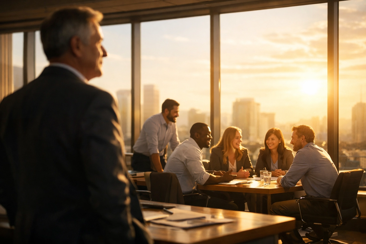 Executive observing a productive team, symbolizing a thriving business legacy and strong company culture.