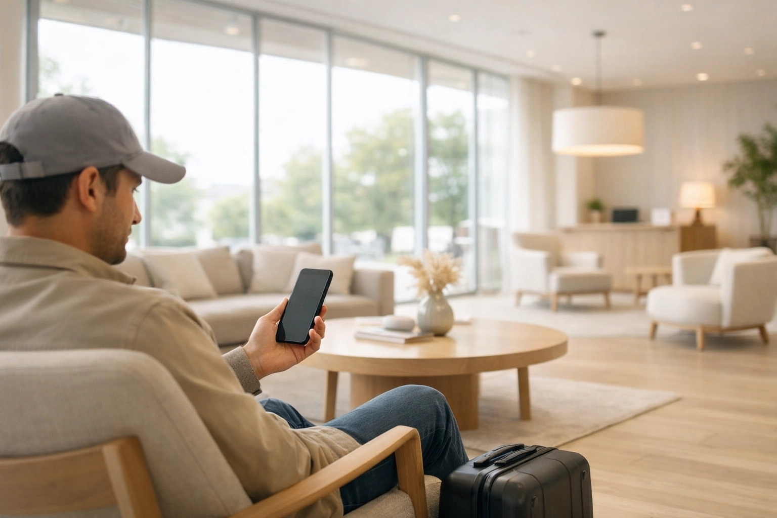 Guest using a smartphone in a modern, sunlit hotel lobby representing a seamless hospitality experience.