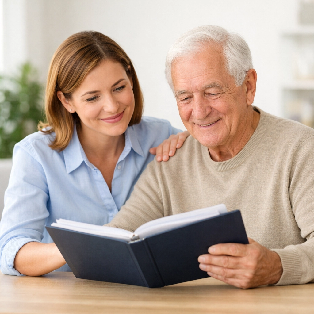 Adult daughter and aging father reviewing elder law and estate planning documents together in a bright home setting.