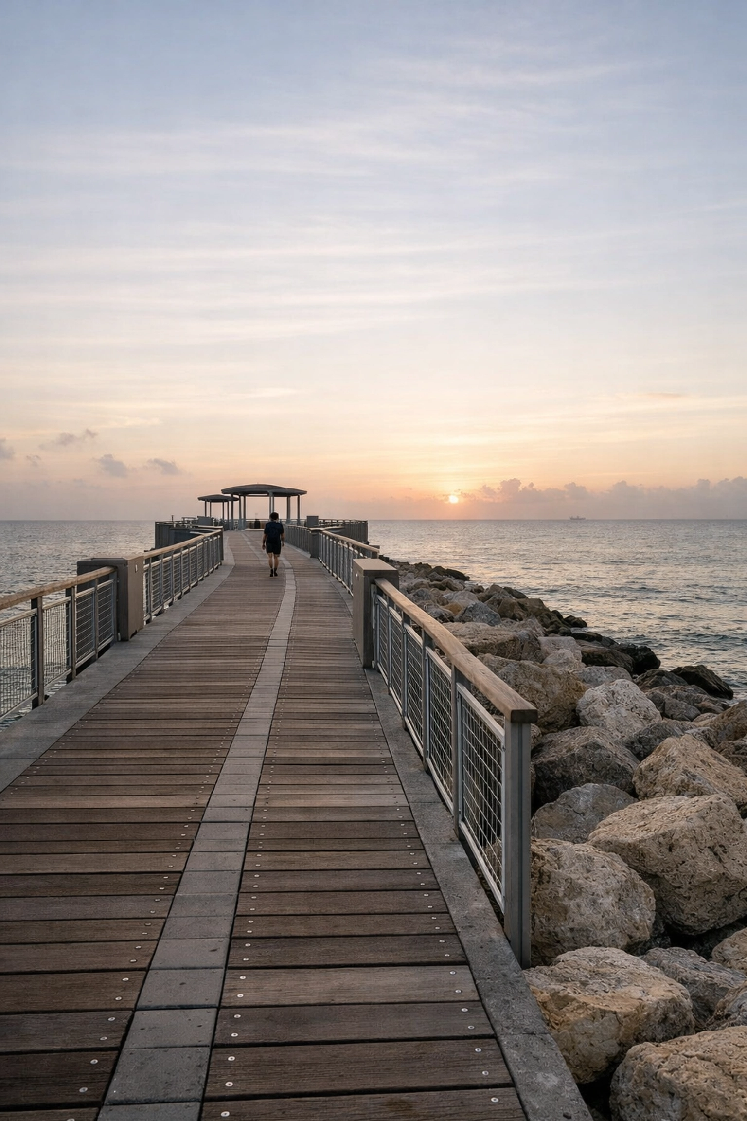 Sunrise at South Pointe Park Pier, one of the best places to take pictures in Miami during golden hour.