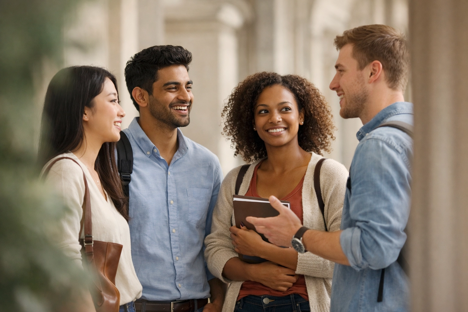 International students in professional attire discussing university and global career opportunities
