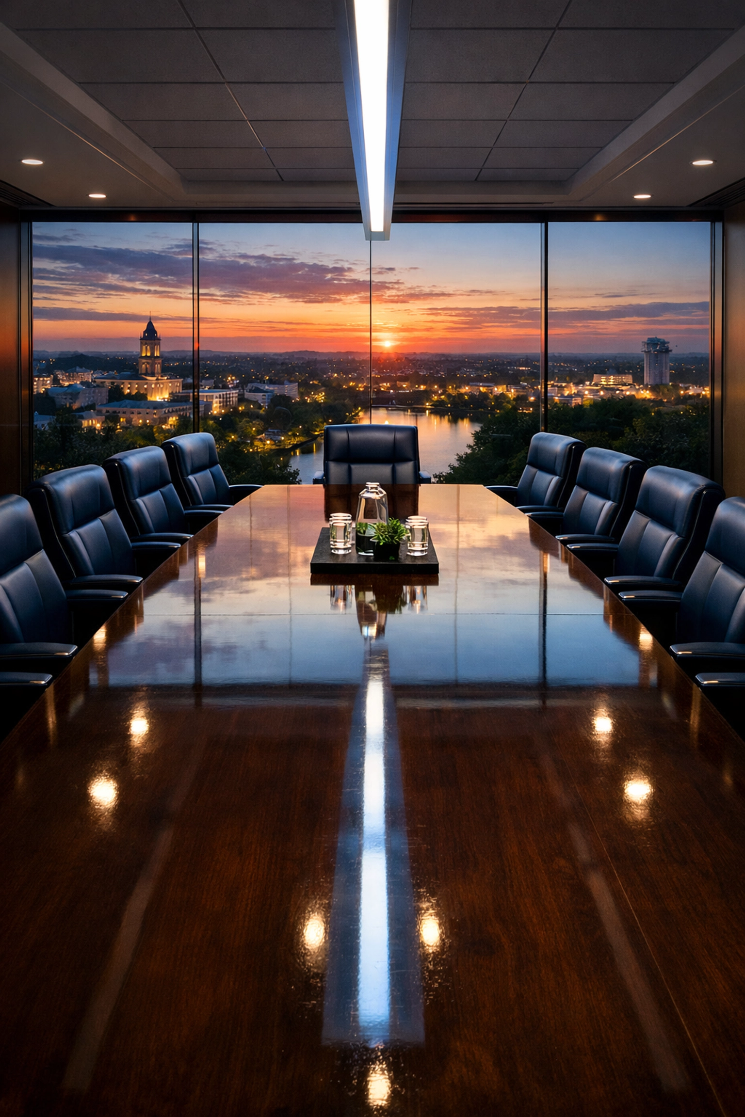 Premium boardroom cleaning in Framingham with a polished table and streak-free windows.