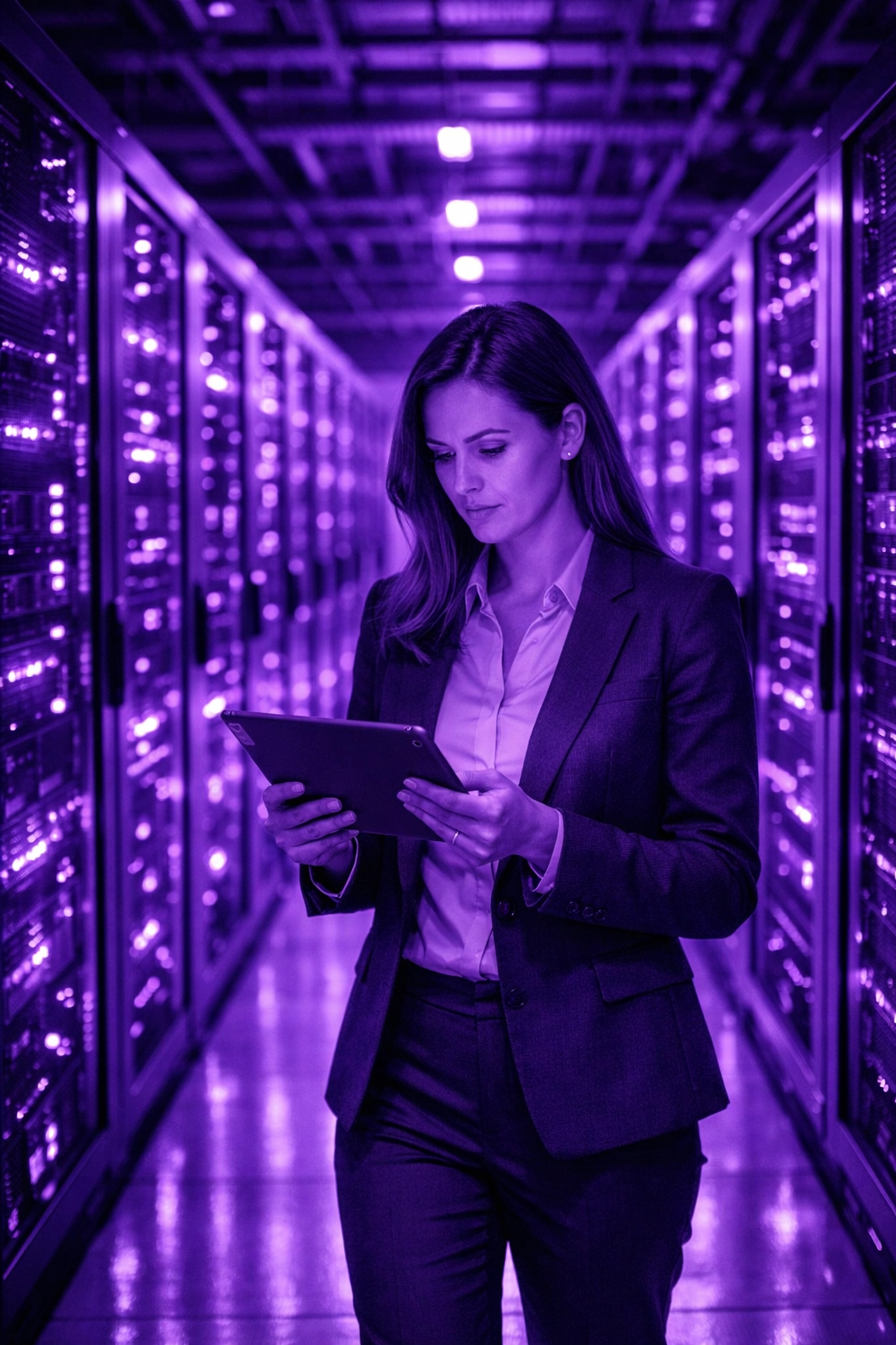 Professional woman managing intelligent workflow automation and data governance in a modern data center.