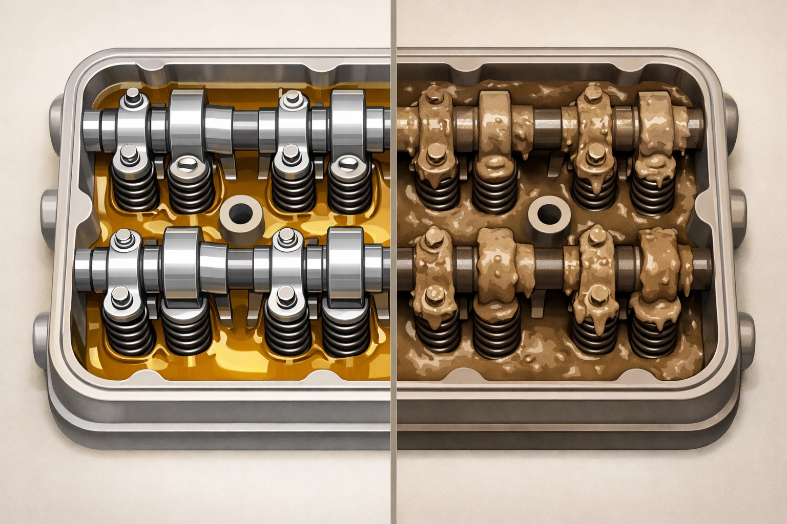 Comparison of clean maintained engine versus neglected engine with oil sludge buildup