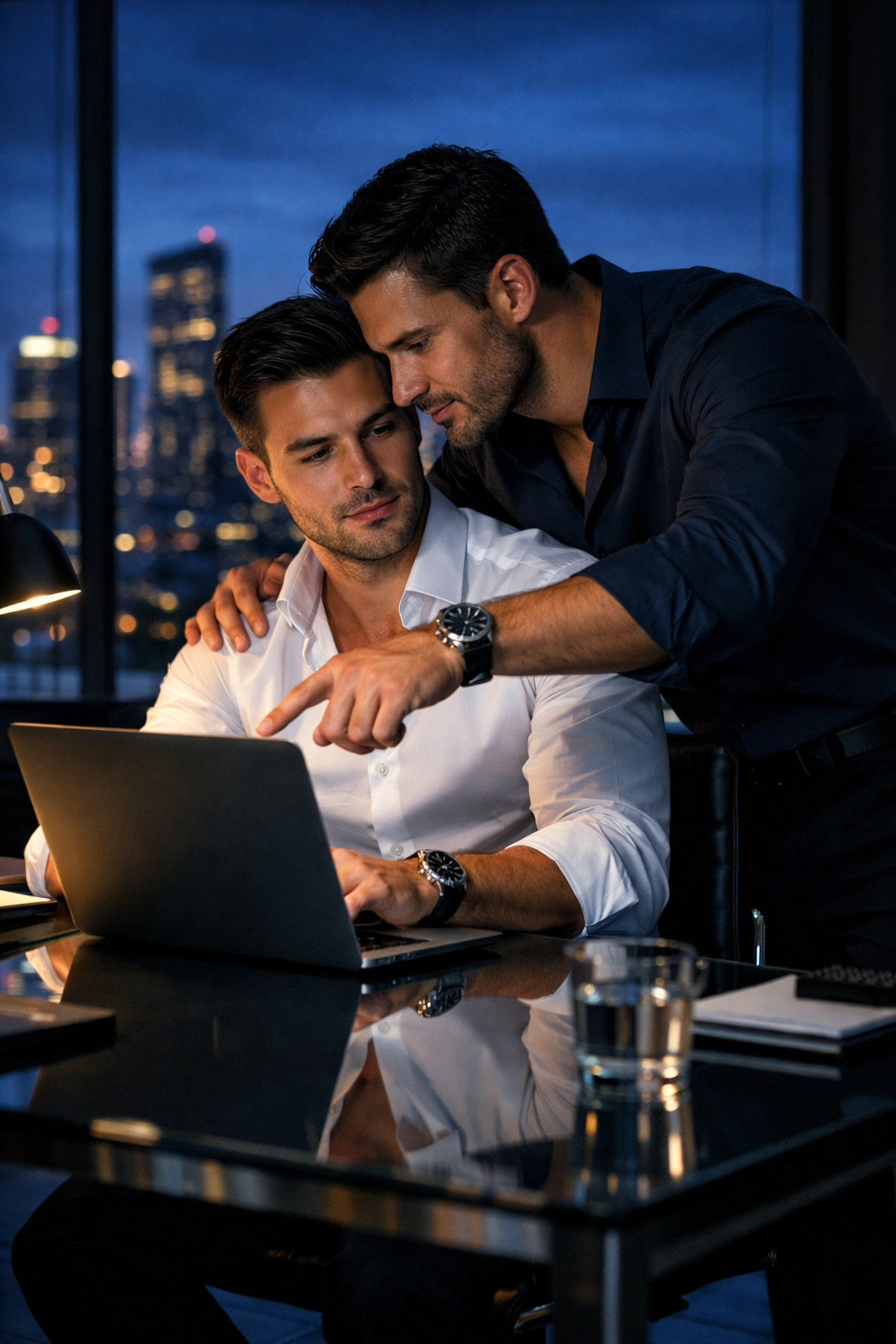 Two men in an office showing romantic tension, a classic trope from popular gay workplace romance ebooks.