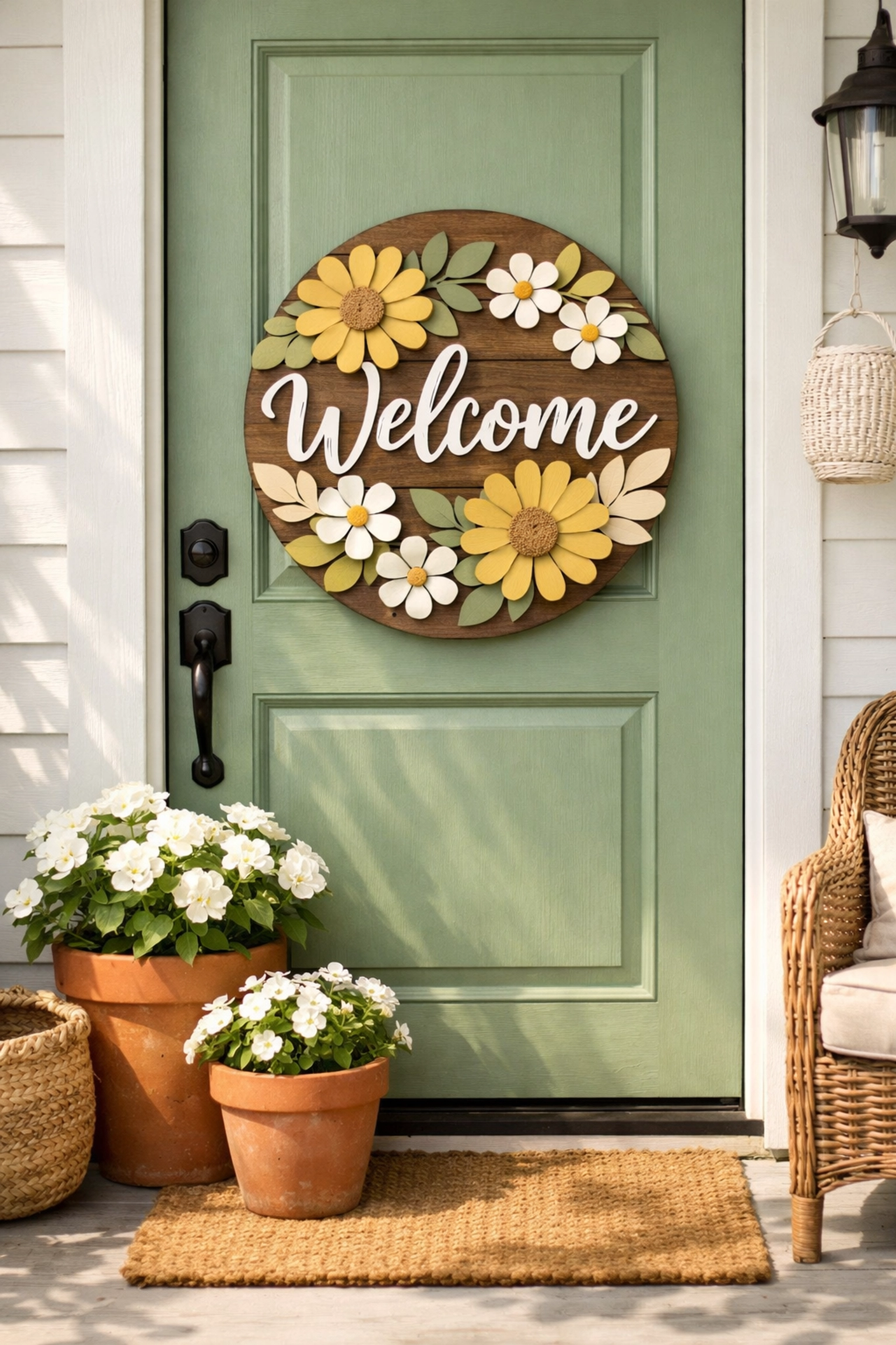 Handcrafted layered wood welcome sign with botanical designs hanging on a stylish front door entryway.