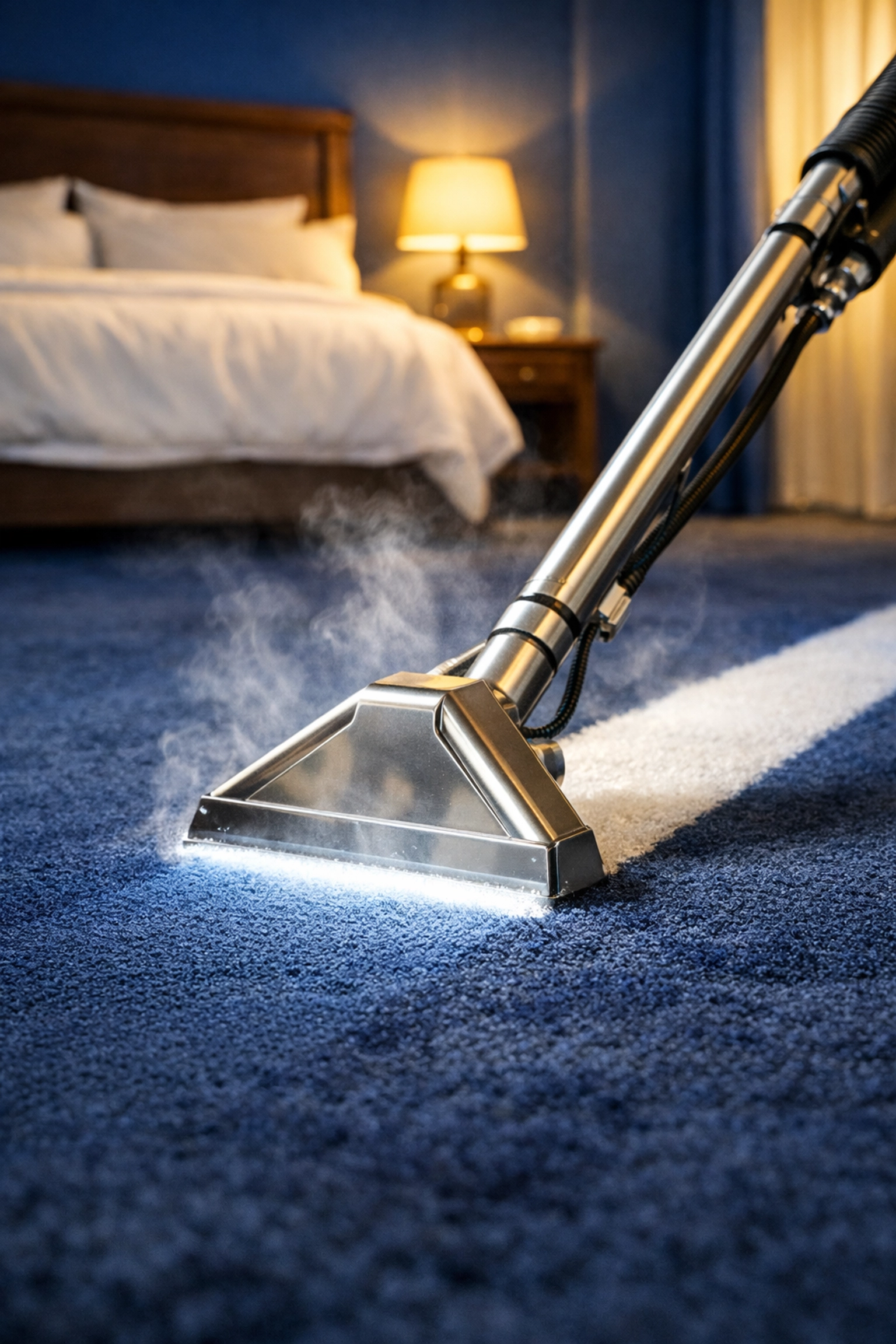 Professional carpet cleaning wand using steam extraction to sanitize a plush navy bedroom rug.