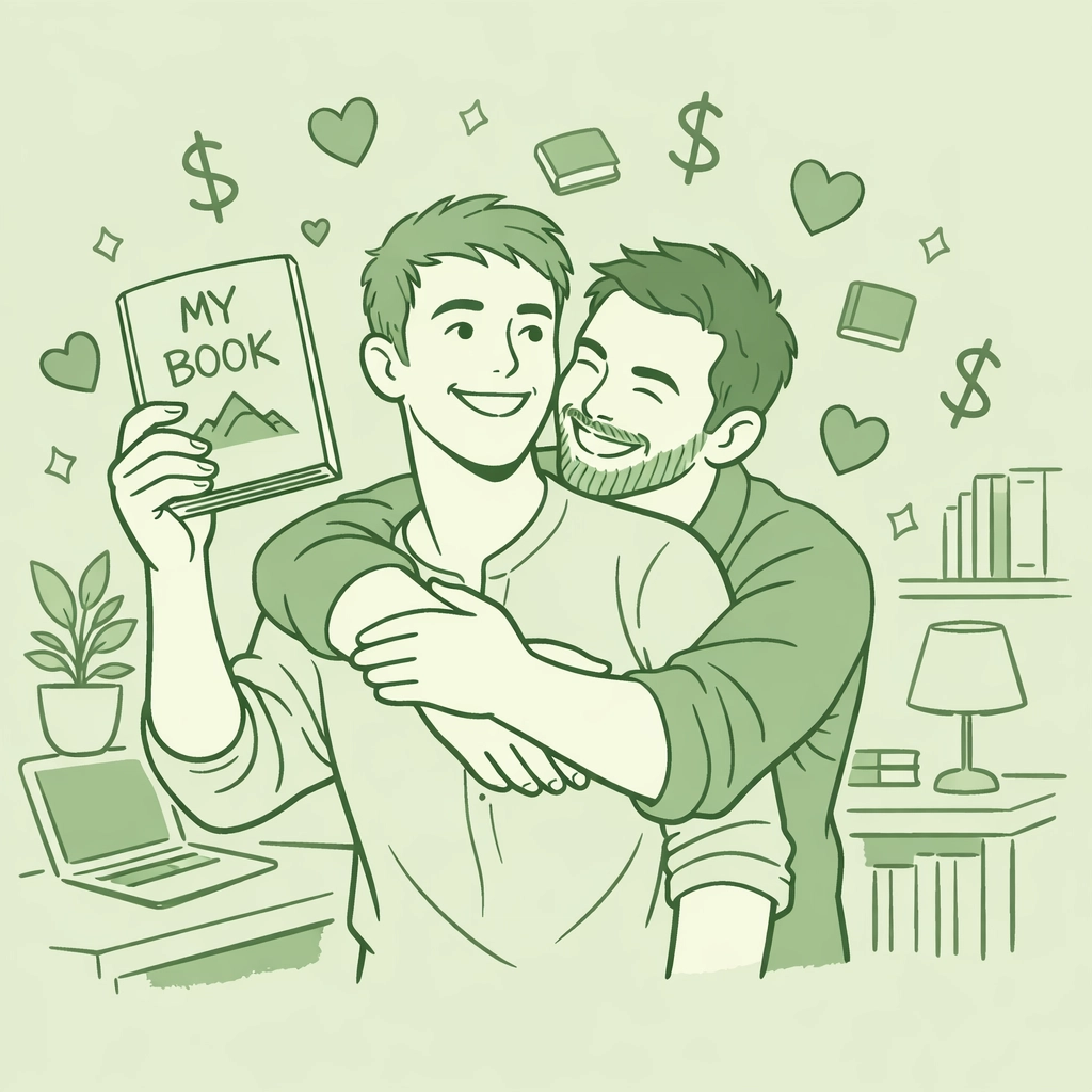 MM romance author celebrating successful book publication with partner