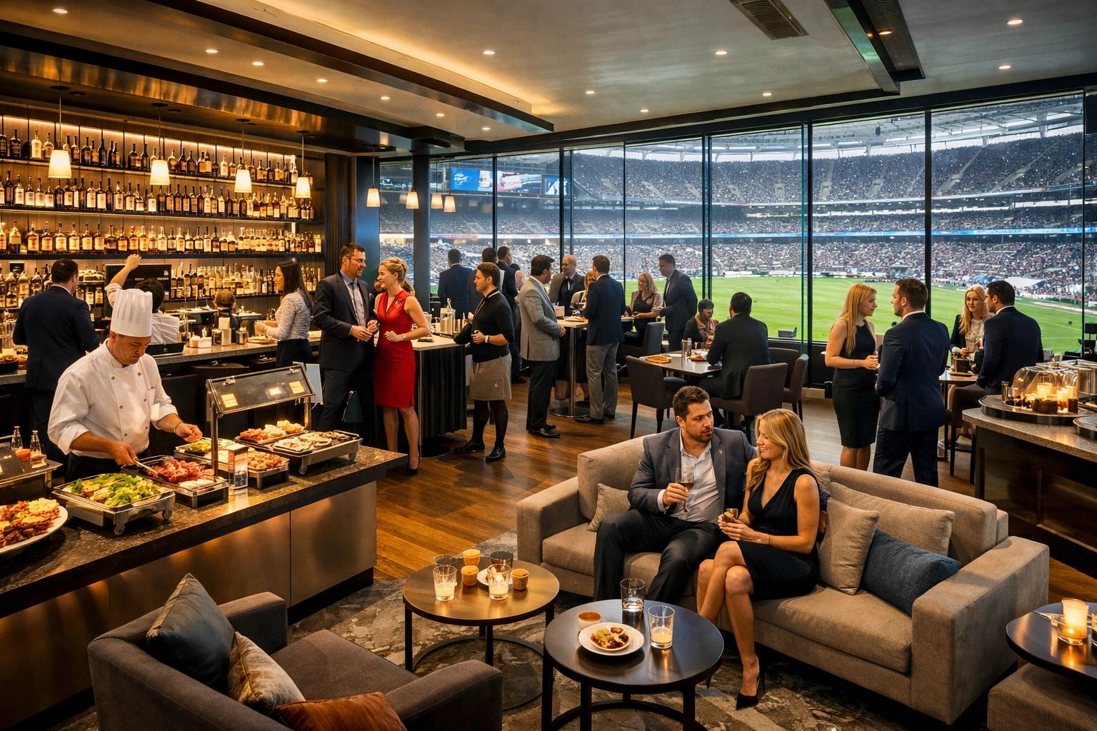 Premium club-level Super Bowl hospitality area with open bar and corporate guests networking