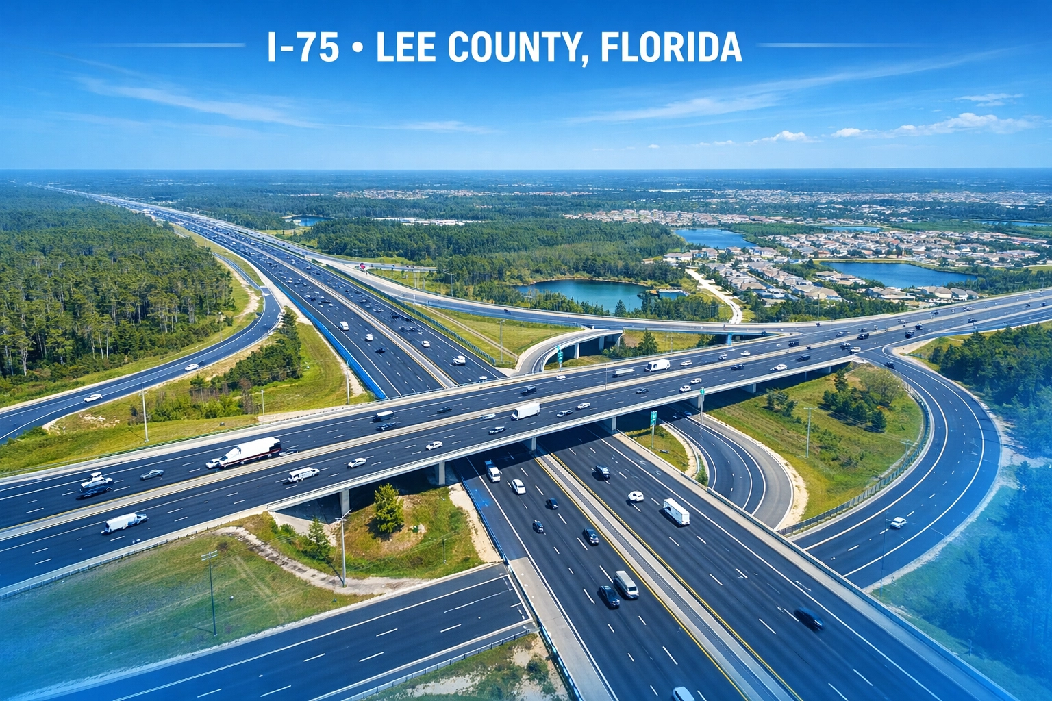 I-75 highway interchange in Lee County, Florida showing infrastructure expansion and development