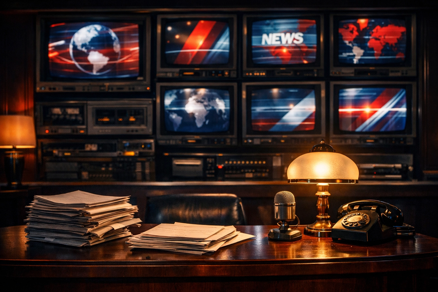 Vintage newsroom desk with monitors displaying evening news headlines