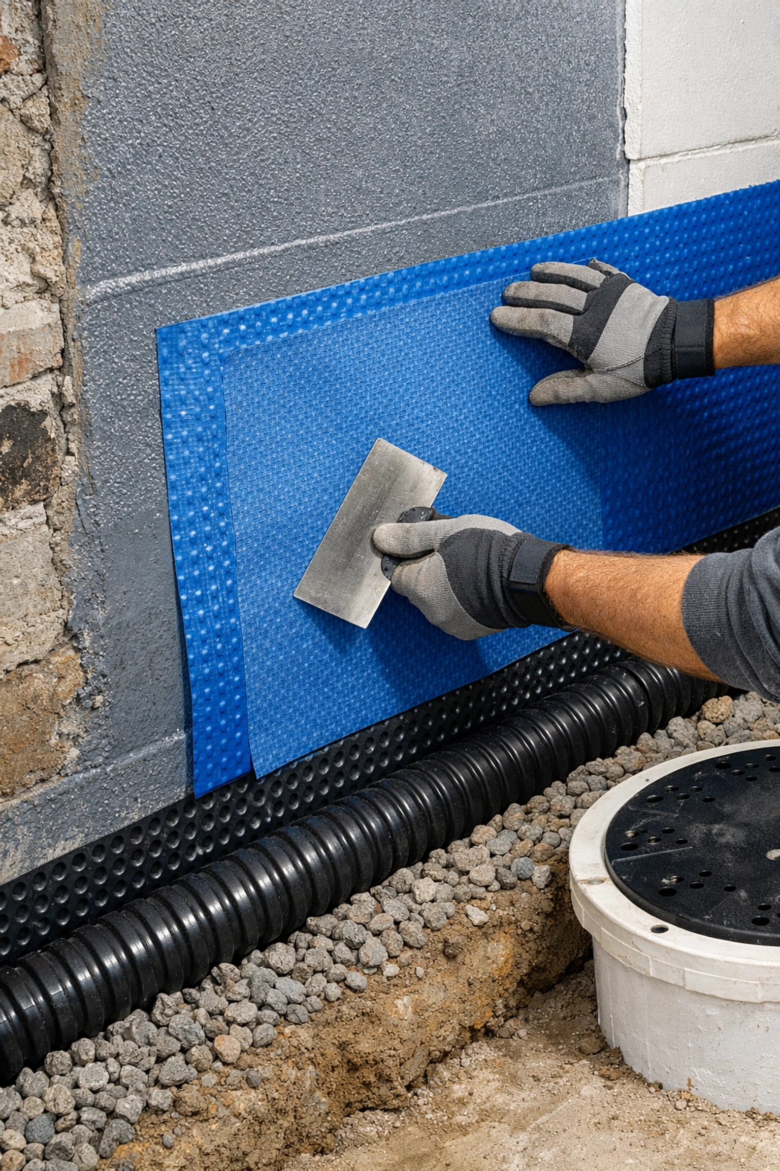 Professional waterproofing installation on basement wall during renovation