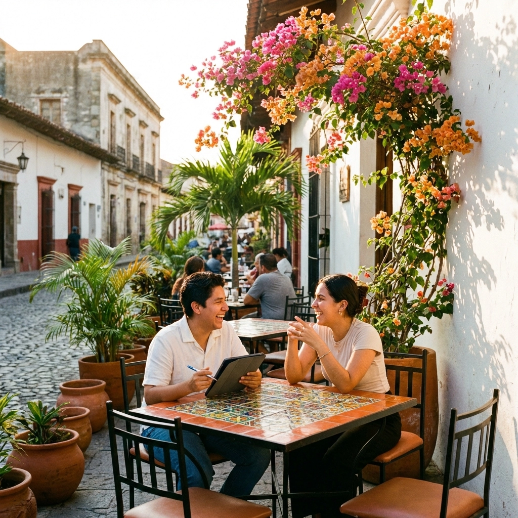 Two friends negotiating a Puerto Vallarta condo rental at a sunny outdoor cafe, illustrating flexible rental prices