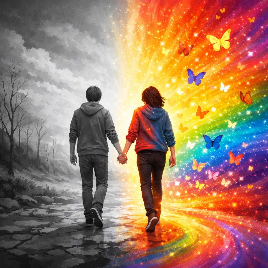 LGBTQ+ journey from monochrome to rainbow symbolizing coming out and living in technicolour