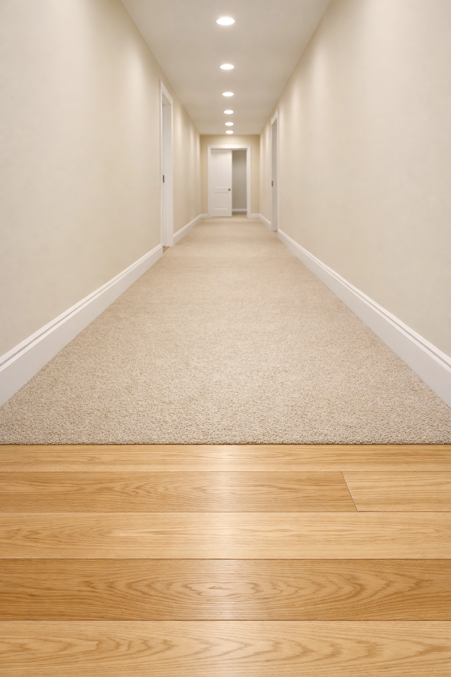 Well-lit hallway with a flush floor transition and bright lighting to eliminate tripping hazards.