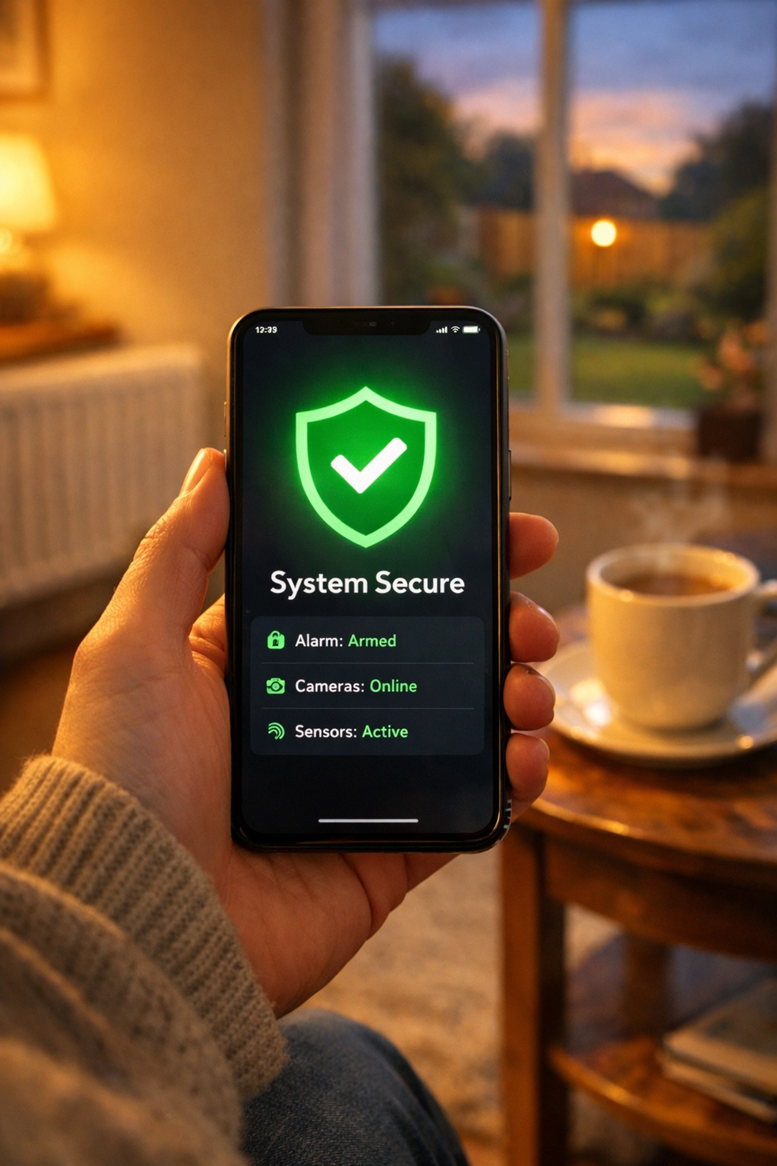 A homeowner using a mobile security app to monitor their Newport intruder alarm system from a smartphone.