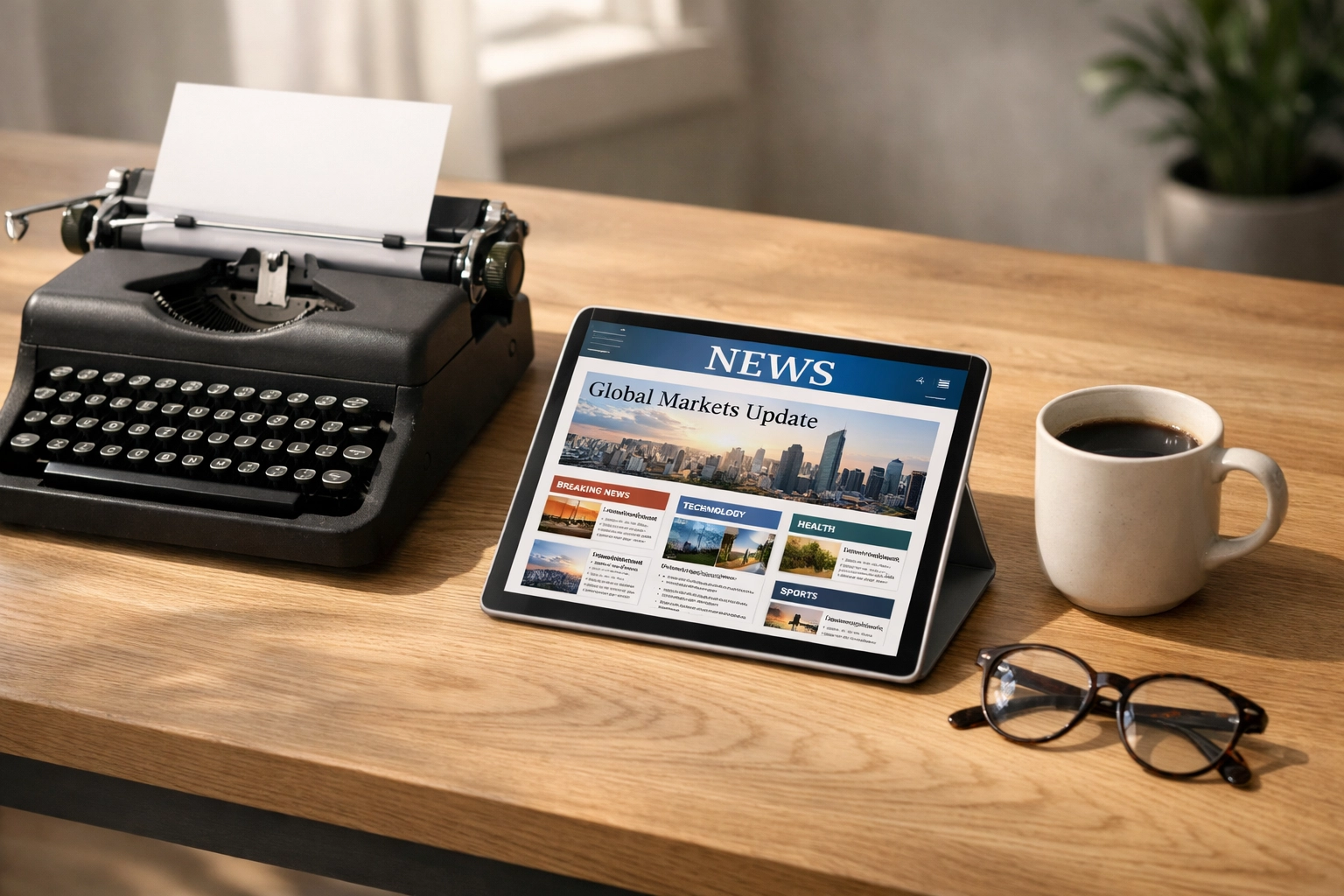 Vintage typewriter and digital tablet on a desk representing newspaper digital transformation.
