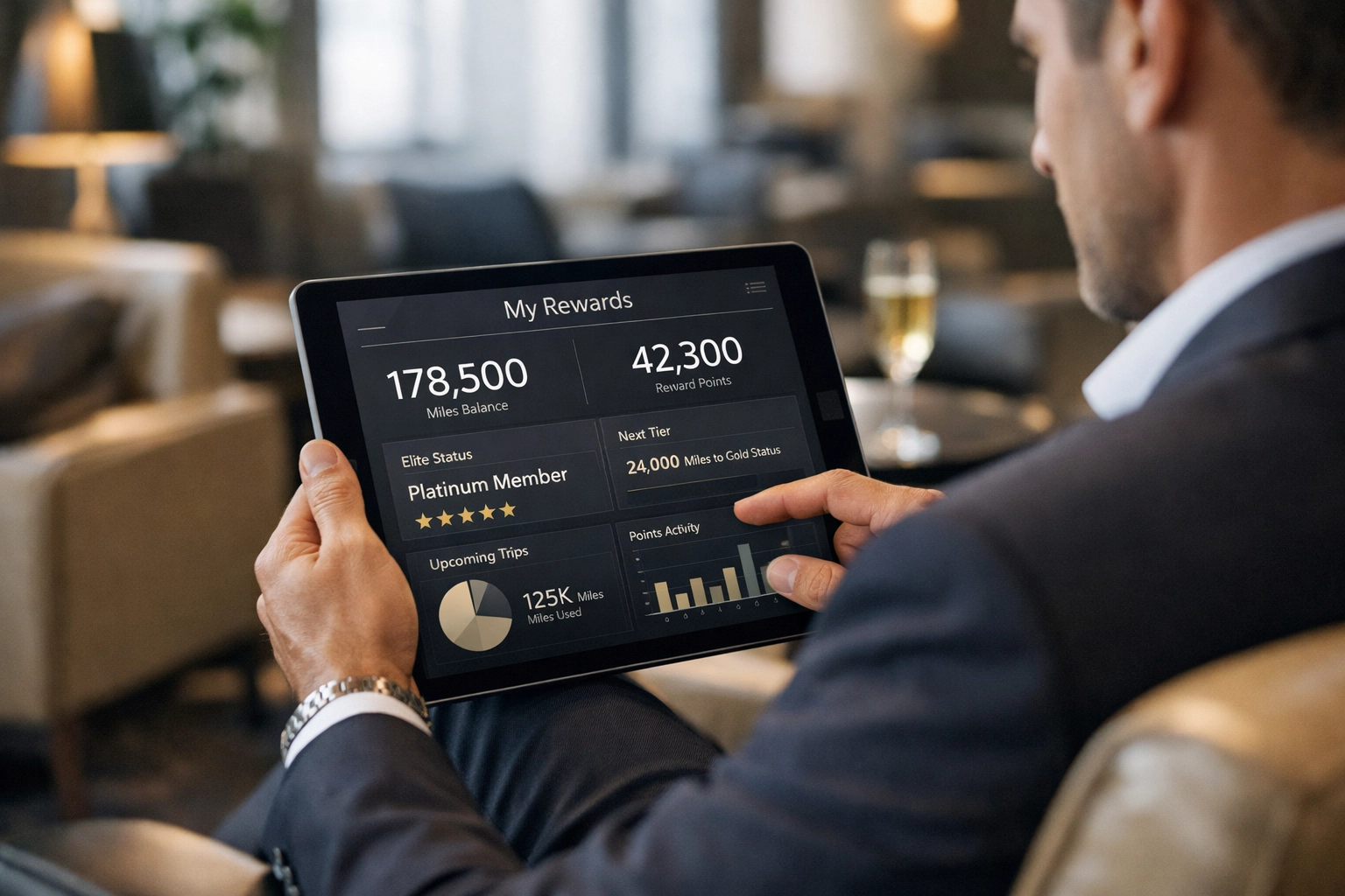 NEWSLETTER: Stop Wasting Money on Last-Minute Super Bowl Bookings: Try These 7 Strategic Travel Hacks Business traveler reviewing airline miles and points dashboard in airport lounge