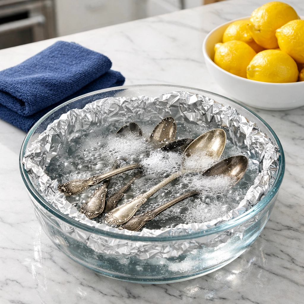 Silverware being cleaned in a basin with aluminum foil and baking soda for tarnish removal.