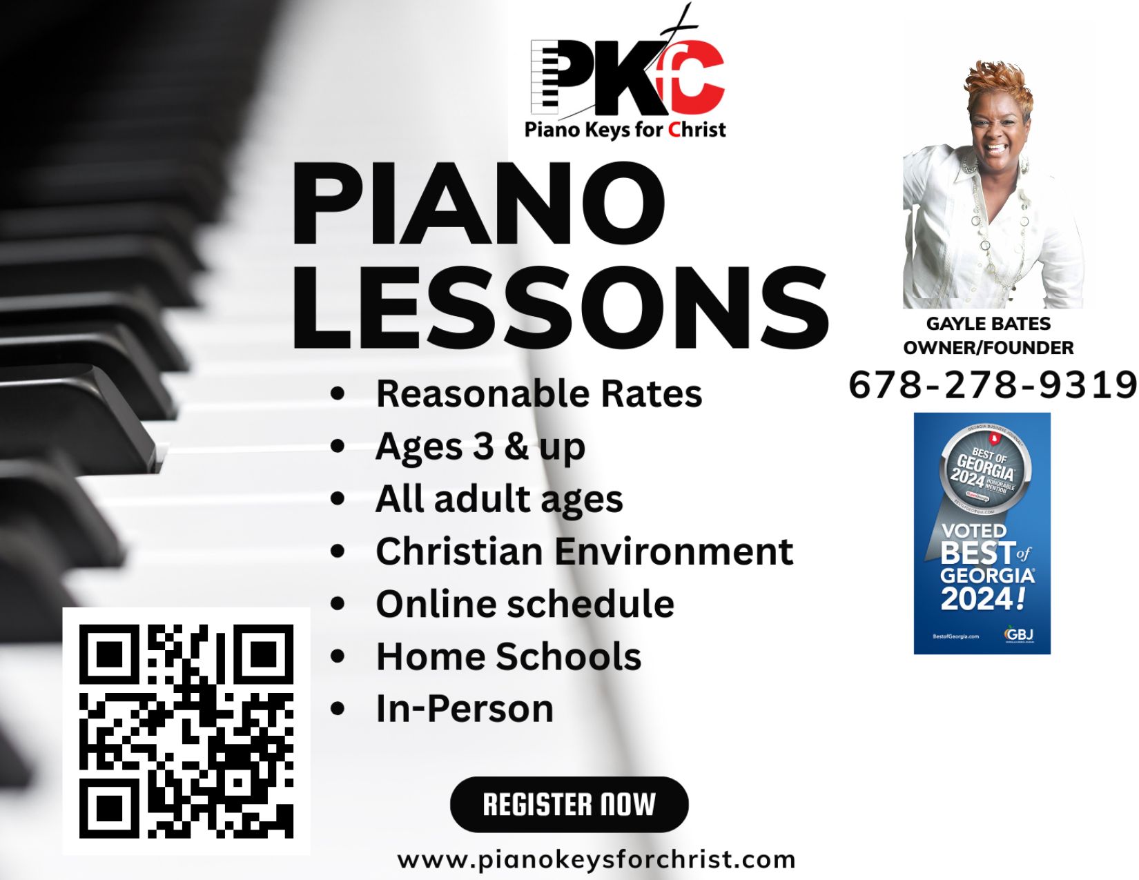 Promotional flyer for Piano Keys for Christ, LLC