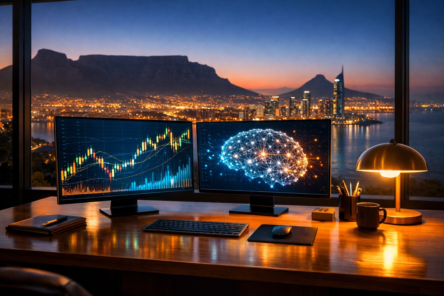 Professional home office with financial data monitors overlooking a futuristic skyline, symbolizing market leadership.