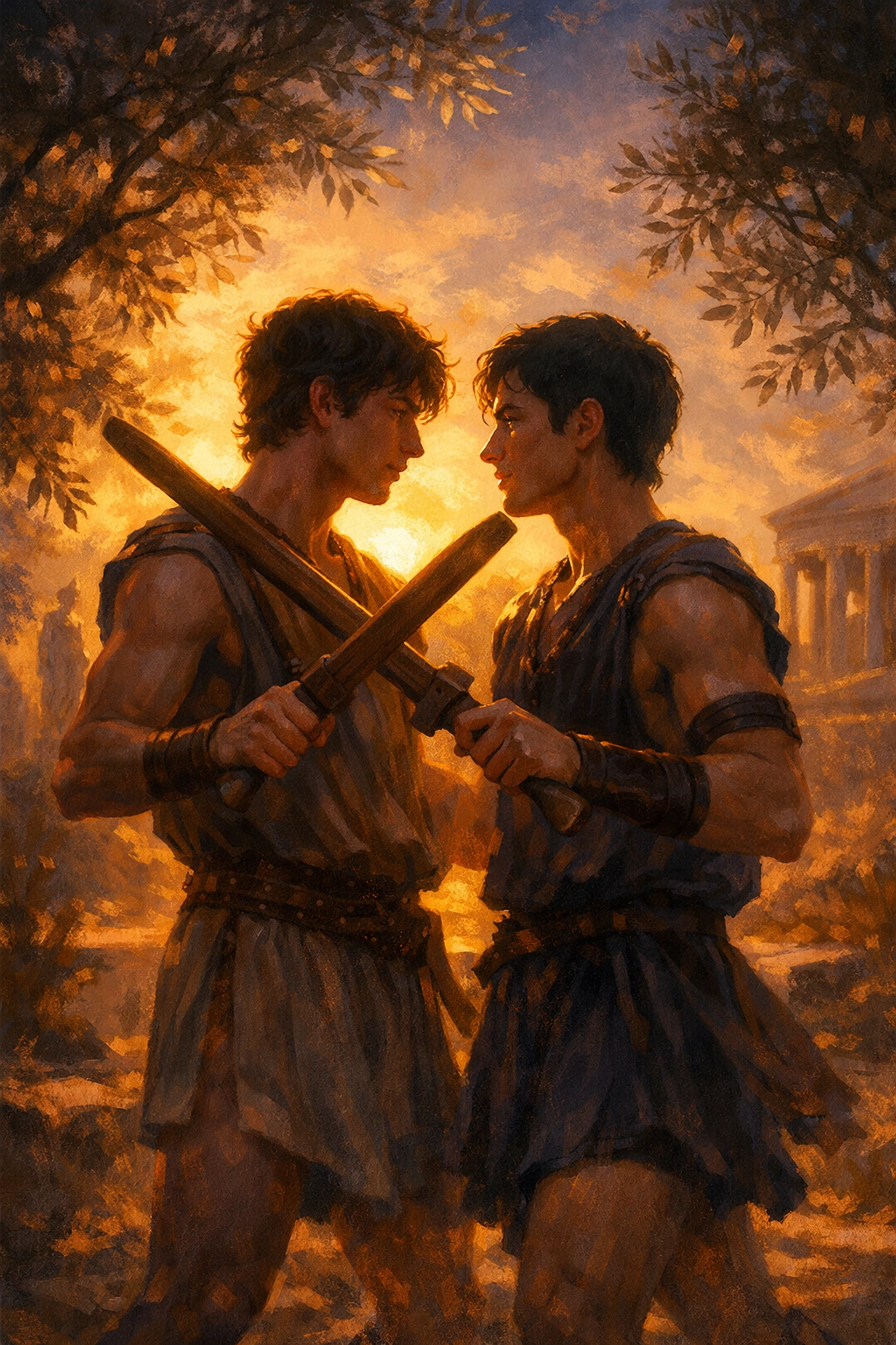 Achilles and Patroclus training as Greek warriors in intimate moment from MM romance novel