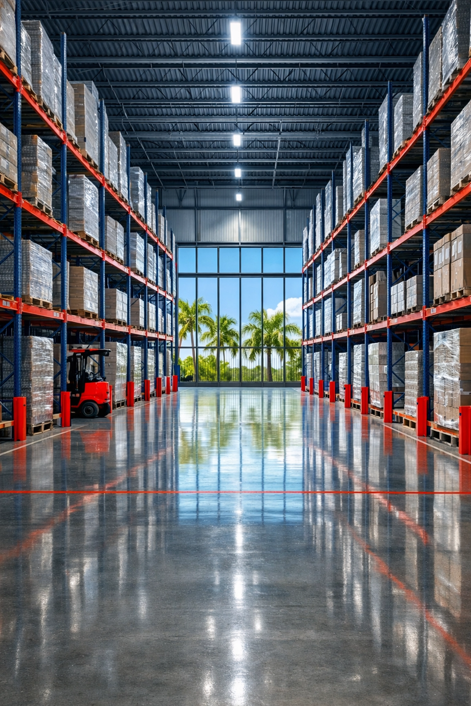 Modern industrial warehouse in Miami showing high-reach racking for scalable South Florida storage.