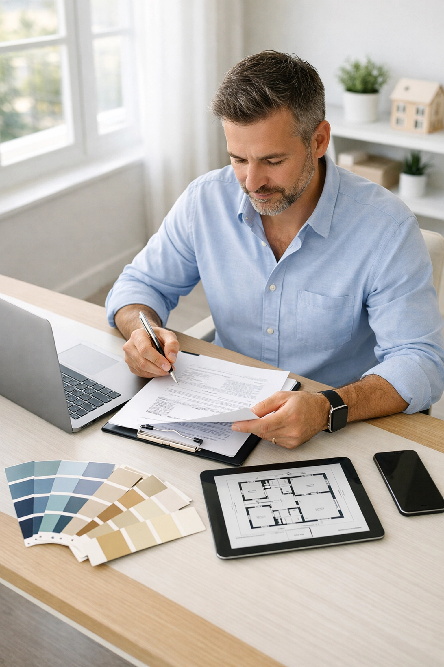 Property manager planning apartment turnover with paint swatches and floor plans at desk