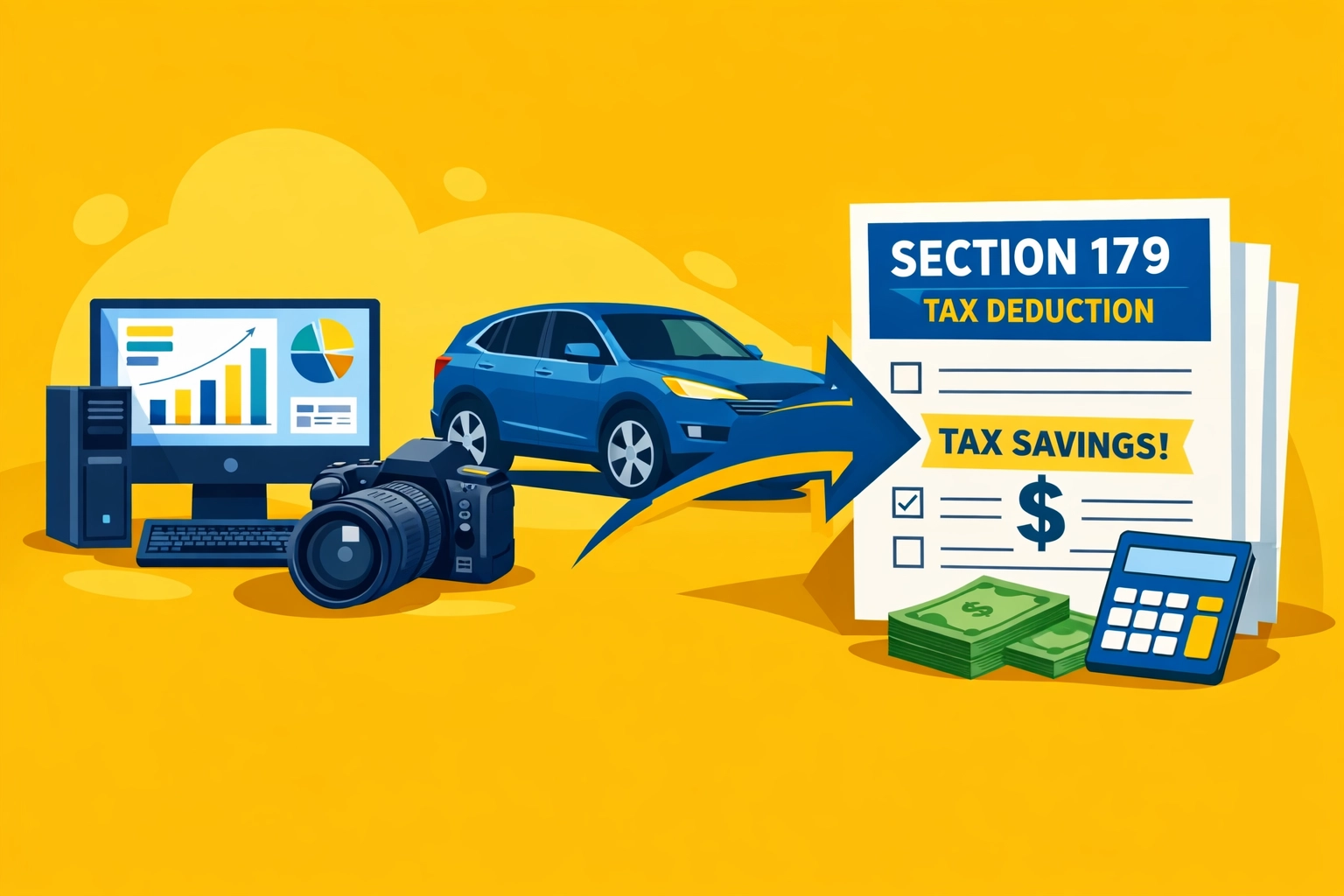 Business equipment icons pointing to tax forms for Section 179 deduction planning.