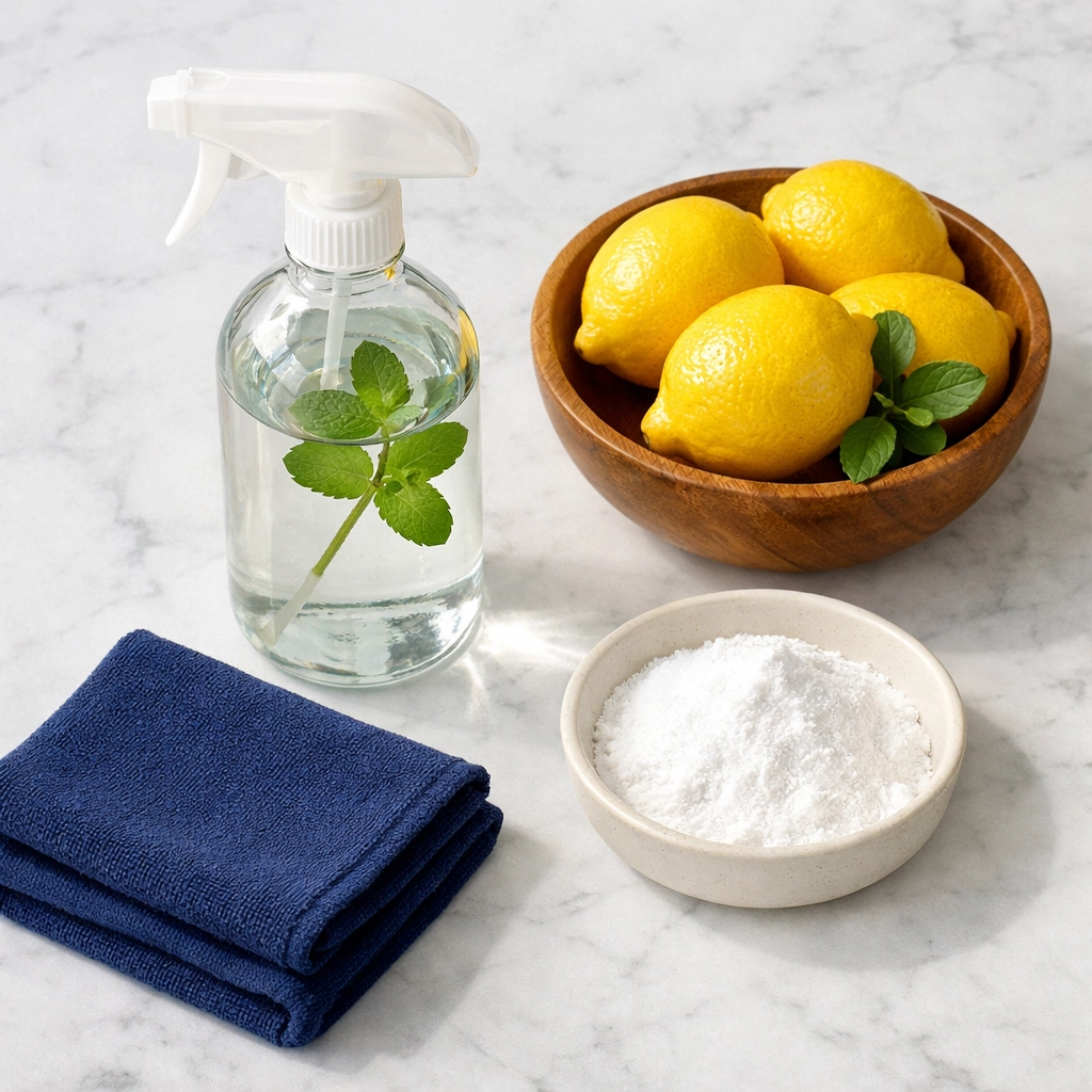 Natural green cleaning ingredients like lemons and baking soda on a kitchen counter for non-toxic cleaning.