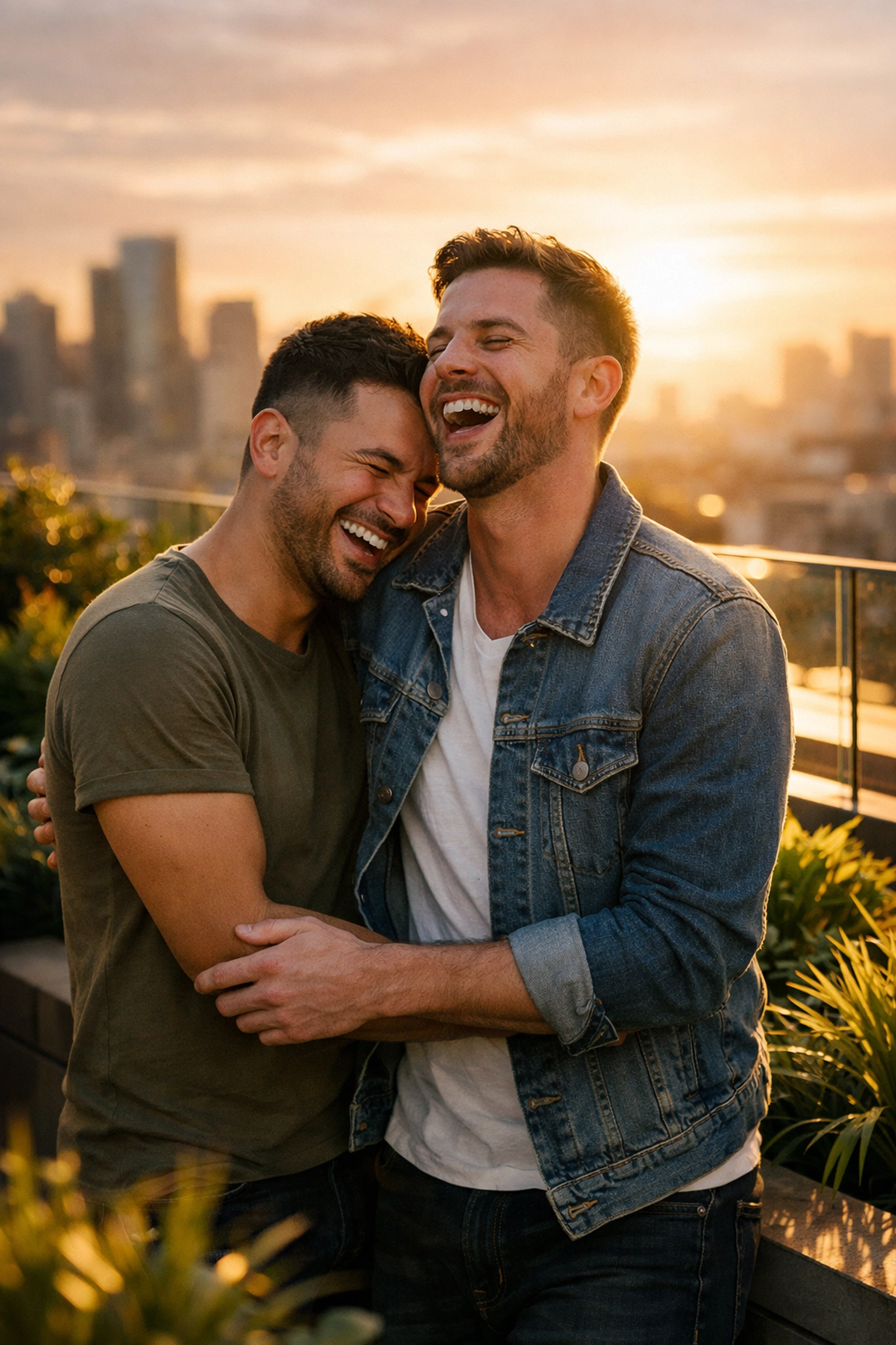A happy gay couple laughing on a rooftop at sunset, illustrating future visions of queer joy and resilience.