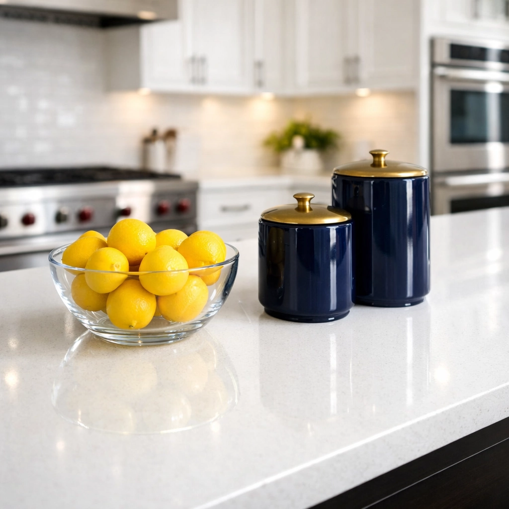 Streak-free quartz kitchen island showing the detail of luxury residential cleaning Massachusetts for Dover homes.