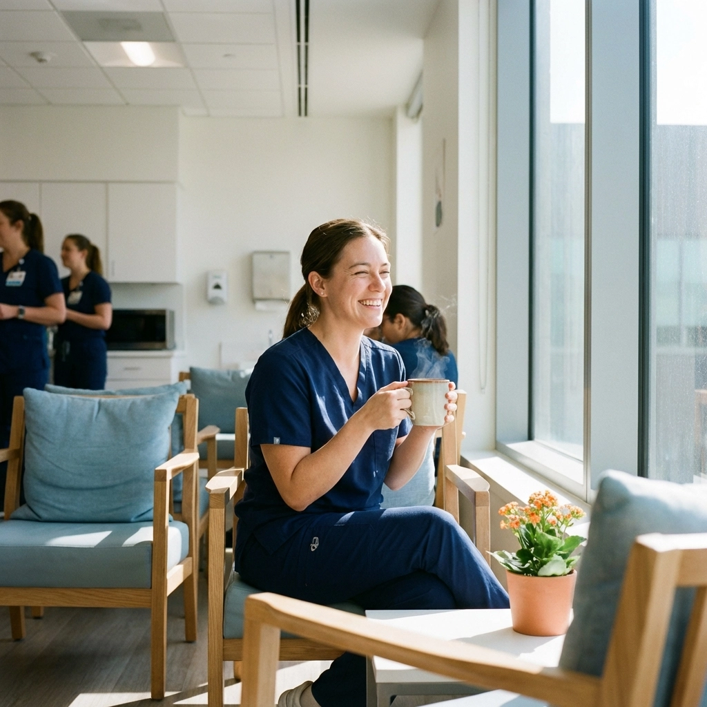 Nurse enjoying a relaxing break in a bright hospital lounge, reflecting improved well-being with smart scheduling.